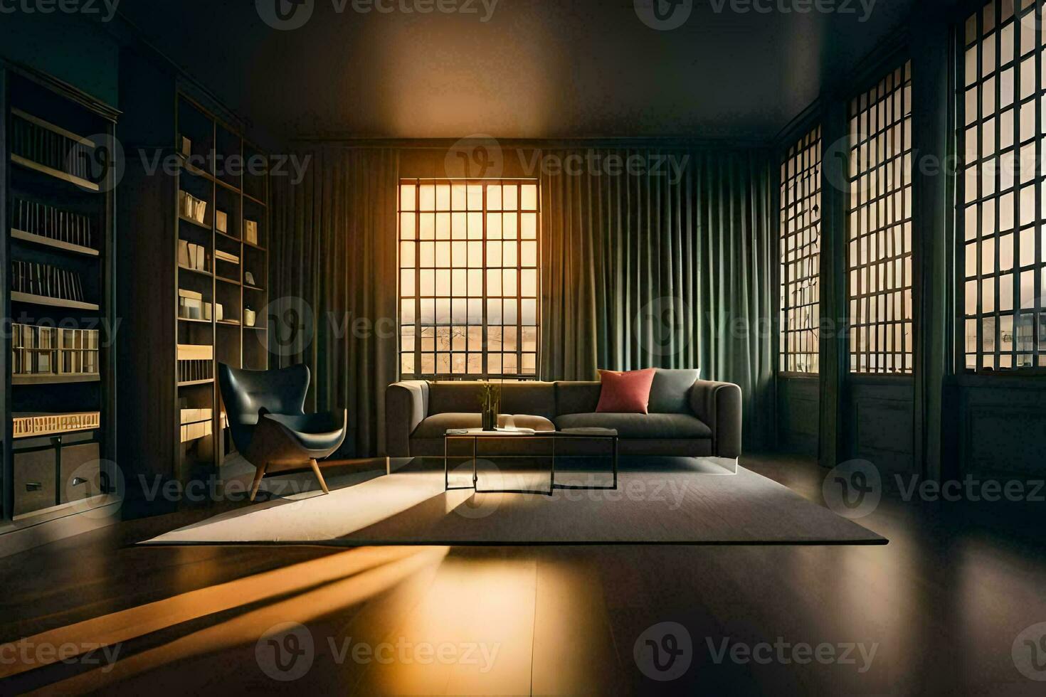 a living room with a couch and bookshelves. AI-Generated photo