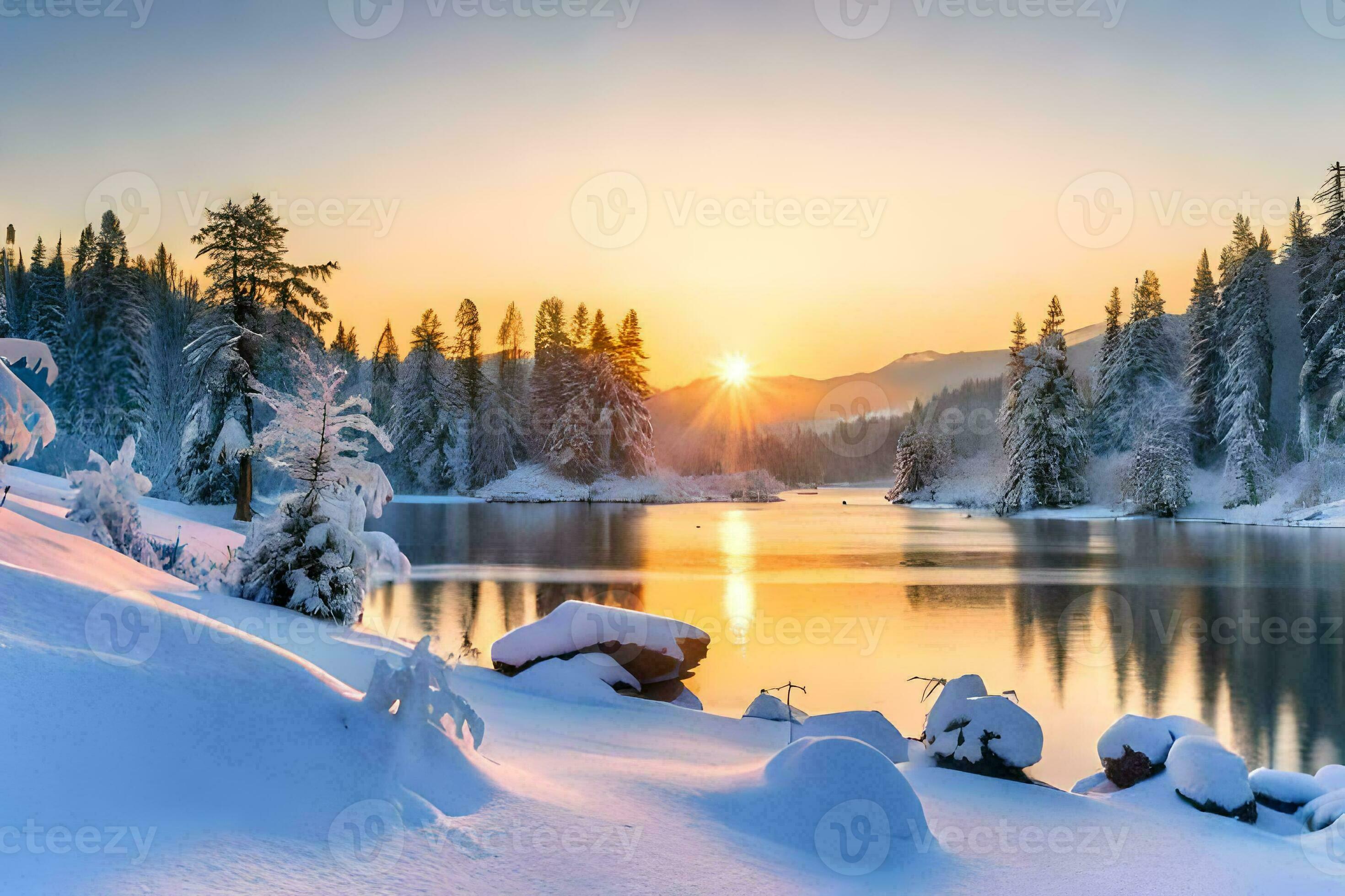 photo wallpaper the sky, snow, trees, lake, sun, winter, the mountains,  the. AI-Generated 33595158 Stock Photo at Vecteezy