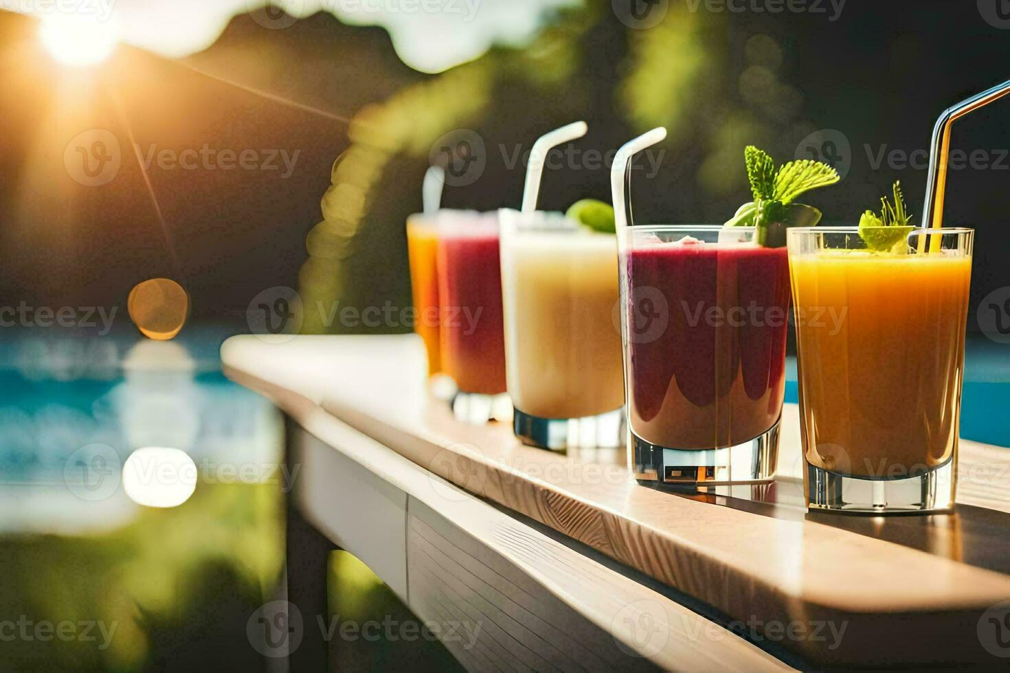 five different juices are lined up on a table. AI-Generated photo