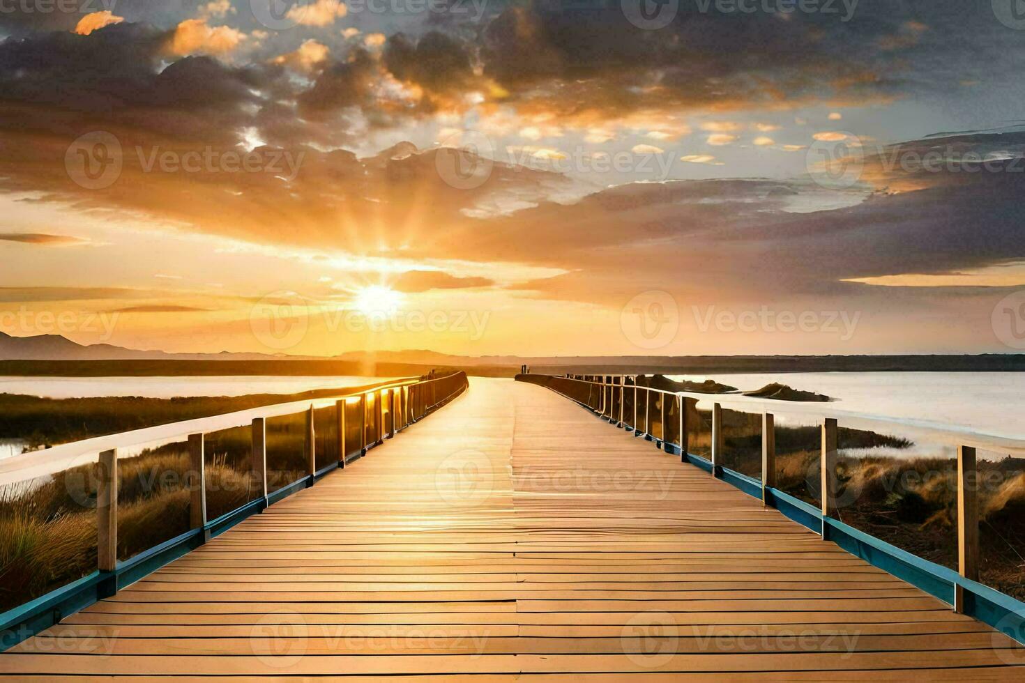 a wooden bridge over a body of water at sunset. AI-Generated photo