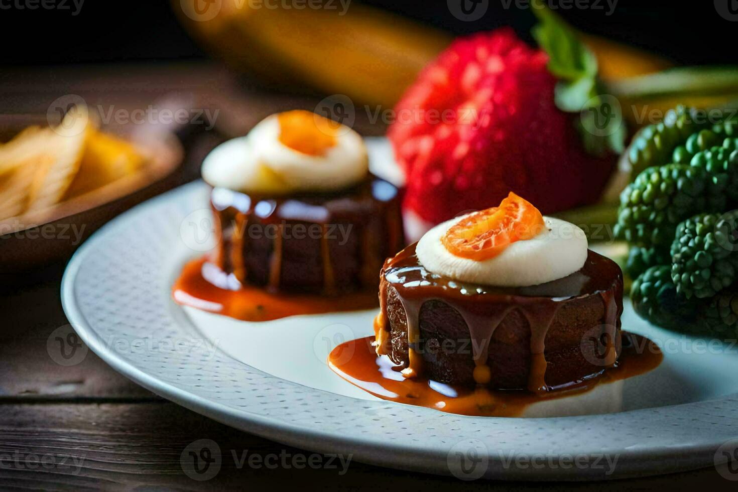 two desserts on a plate with broccoli and other vegetables. AI-Generated photo