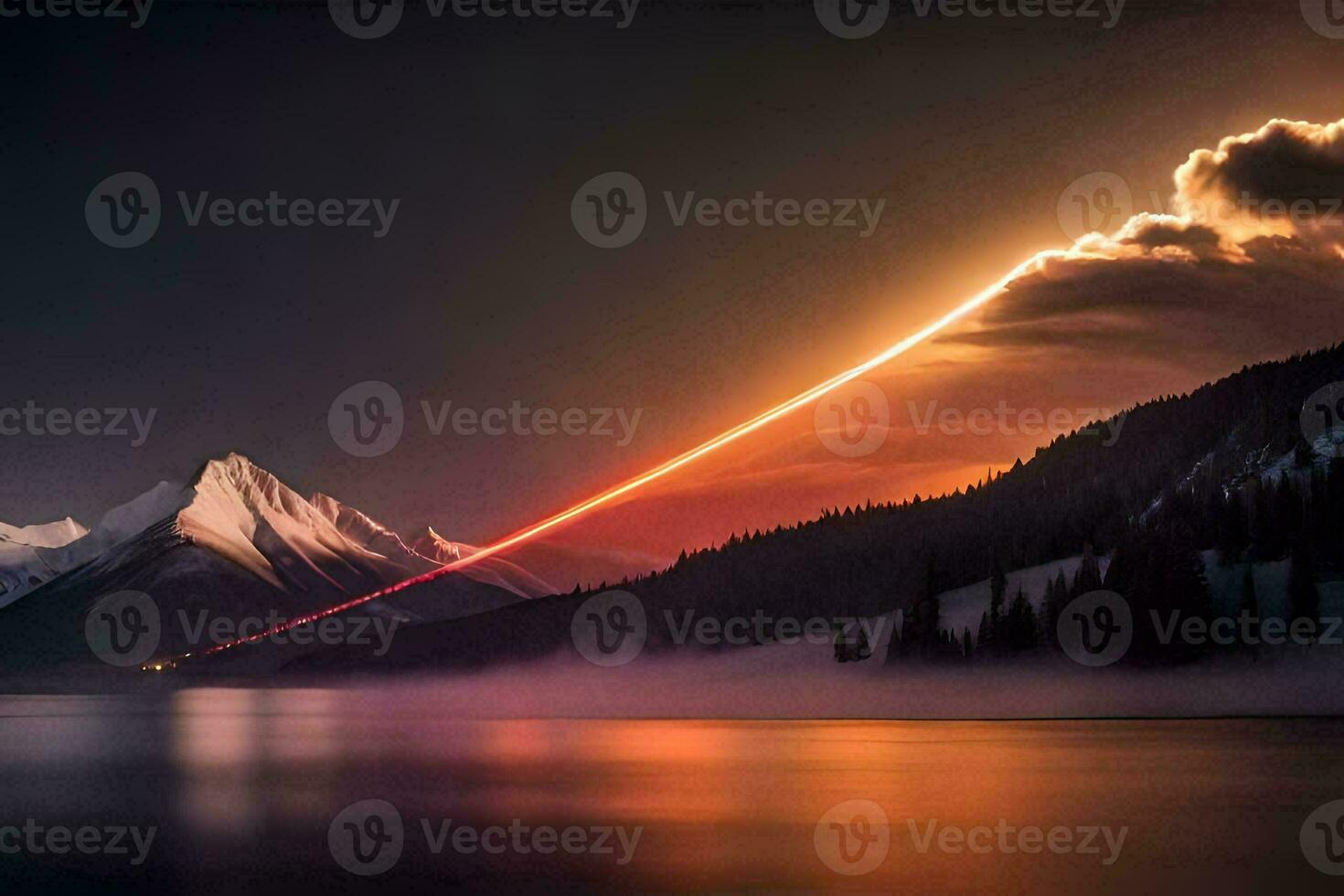 a long line of light is seen in the sky above a mountain. AI-Generated photo