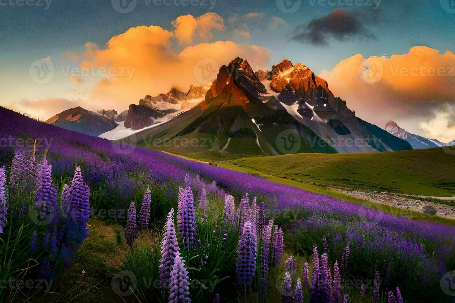 the mountains are covered in purple flowers and the sun is setting over the mountains. AI-Generated photo