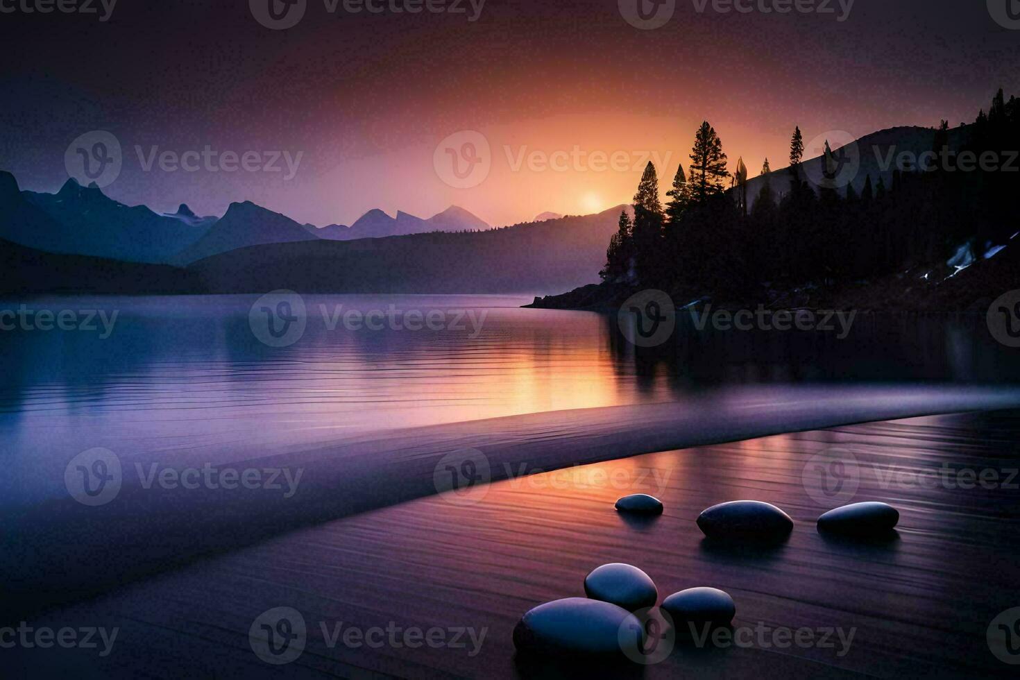 the sun sets over a lake and rocks. AI-Generated photo