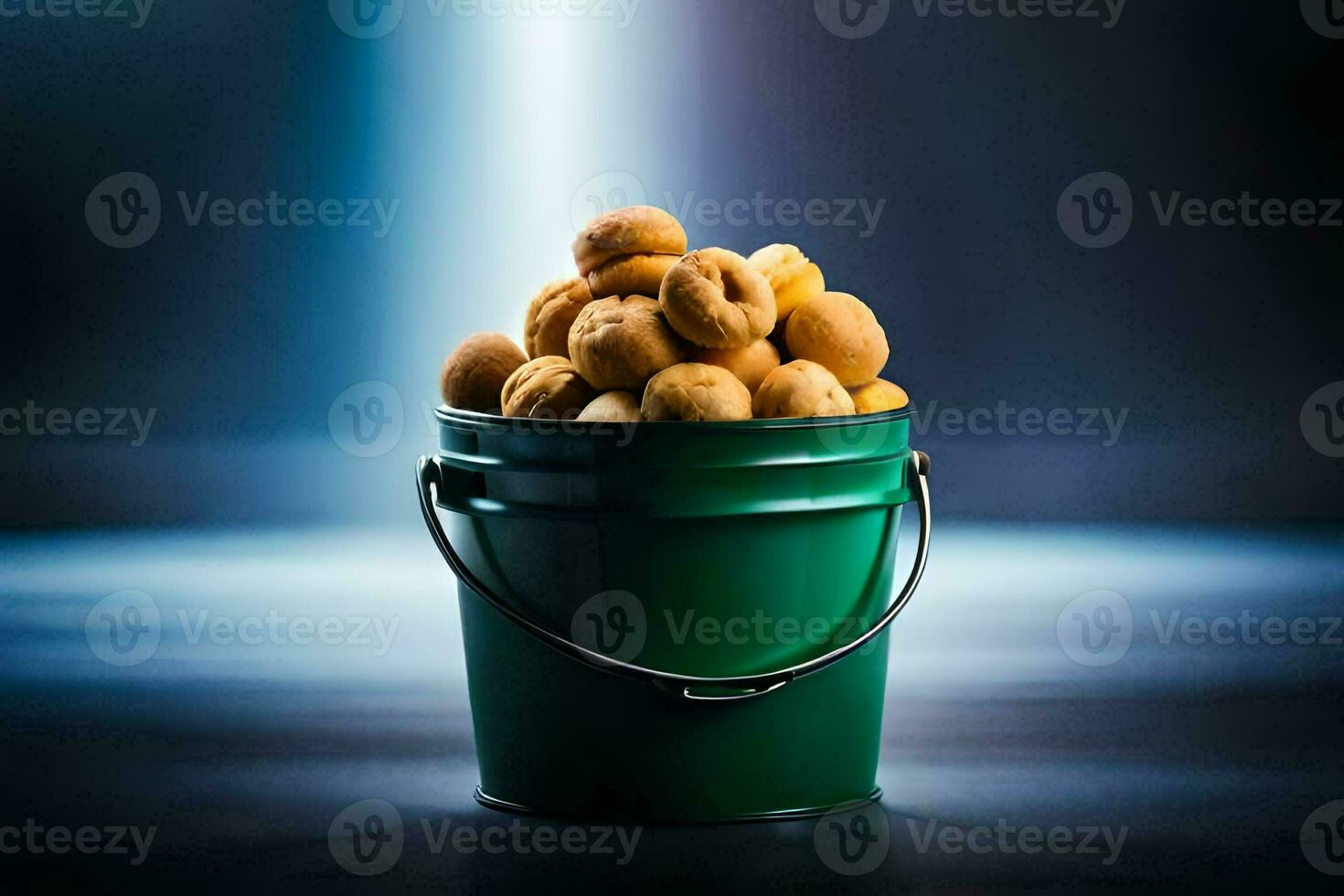 a bucket filled with nuts on a dark background. AI-Generated photo