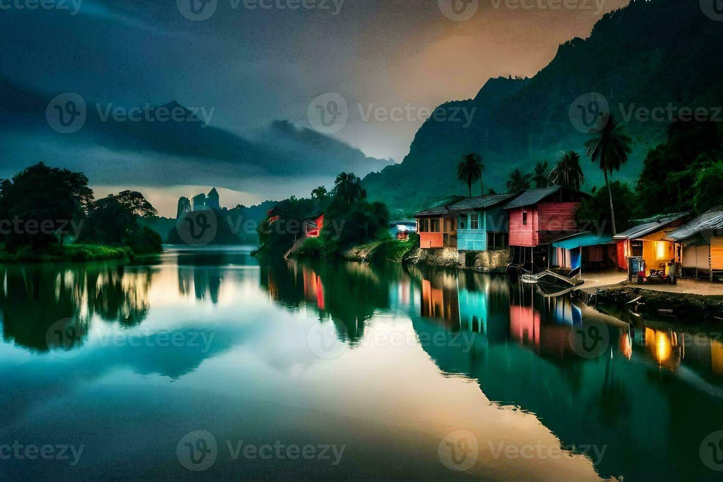 colorful houses on the banks of a river. AI-Generated photo