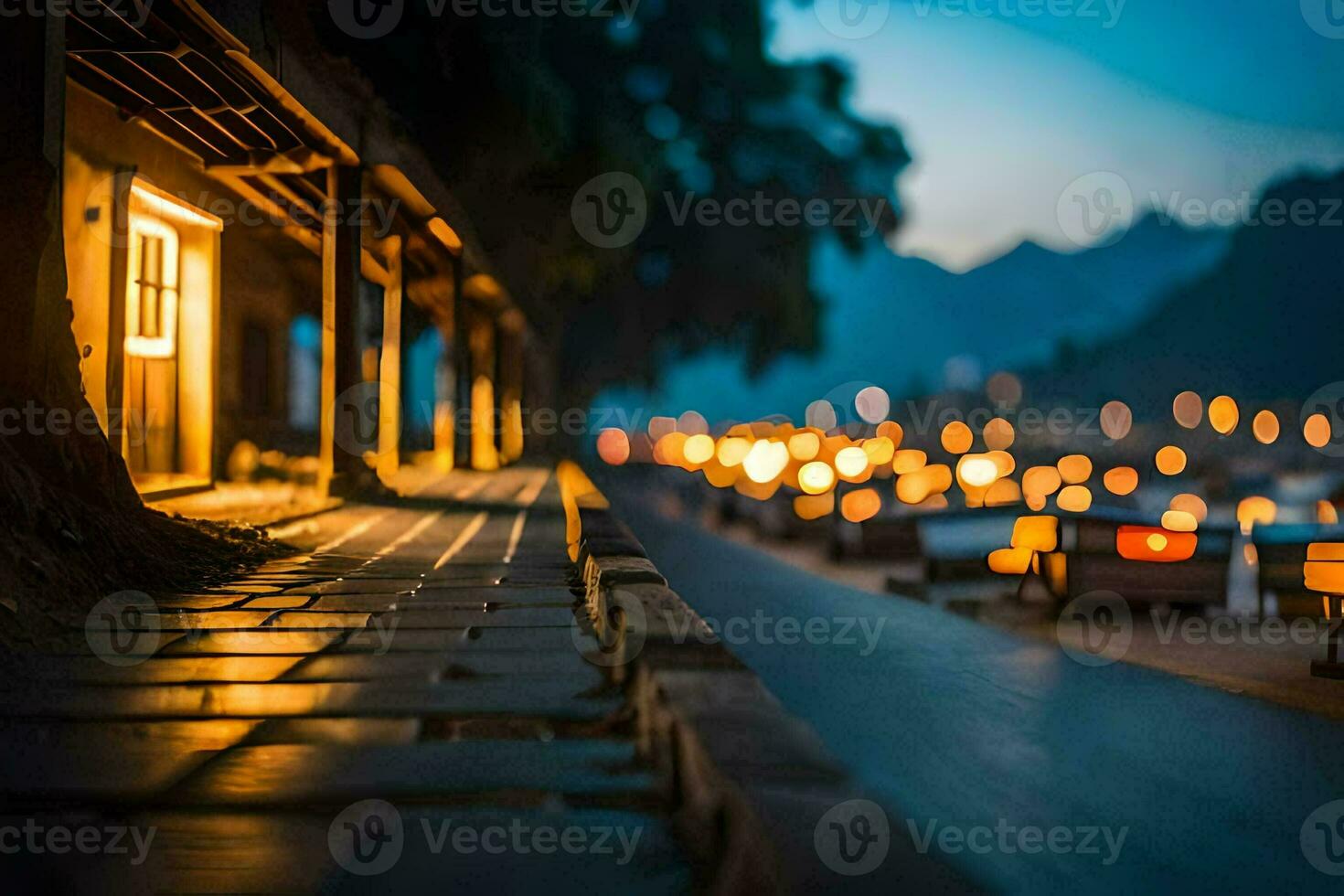a long walkway with lights on the side. AI-Generated photo