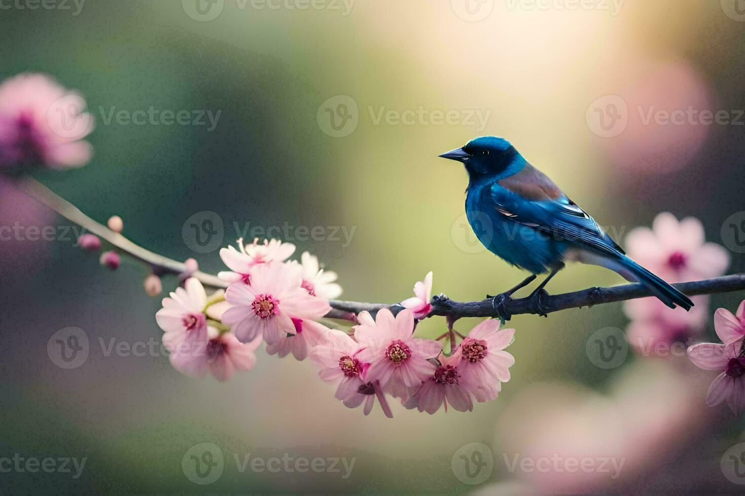 a blue bird is perched on a branch of a cherry blossom. AI-Generated photo