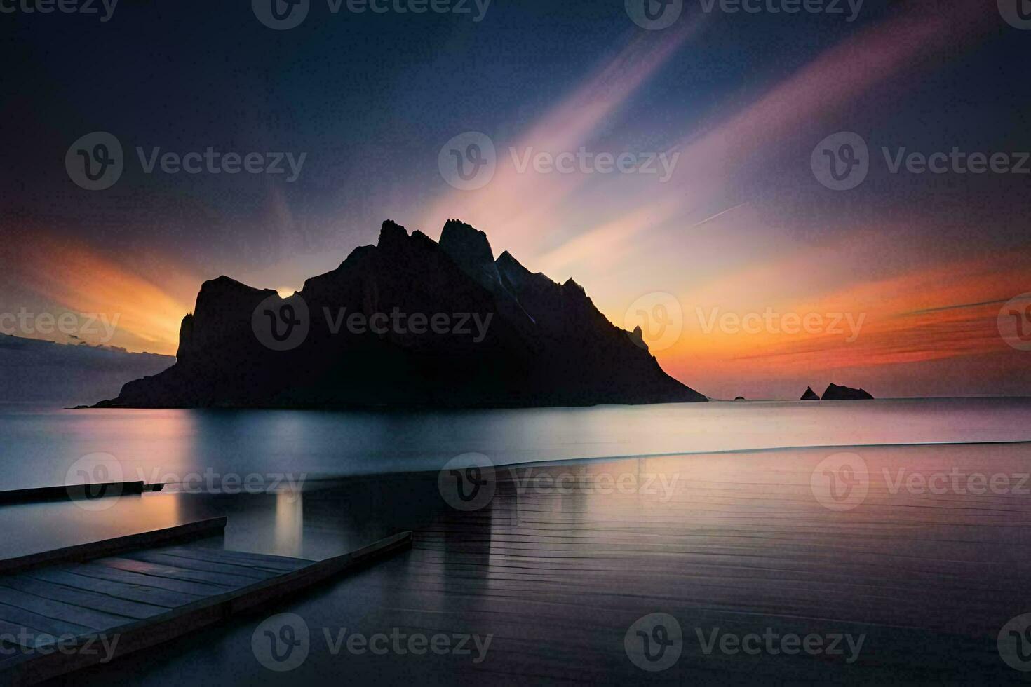 the sun rises over a mountain and a dock. AI-Generated photo