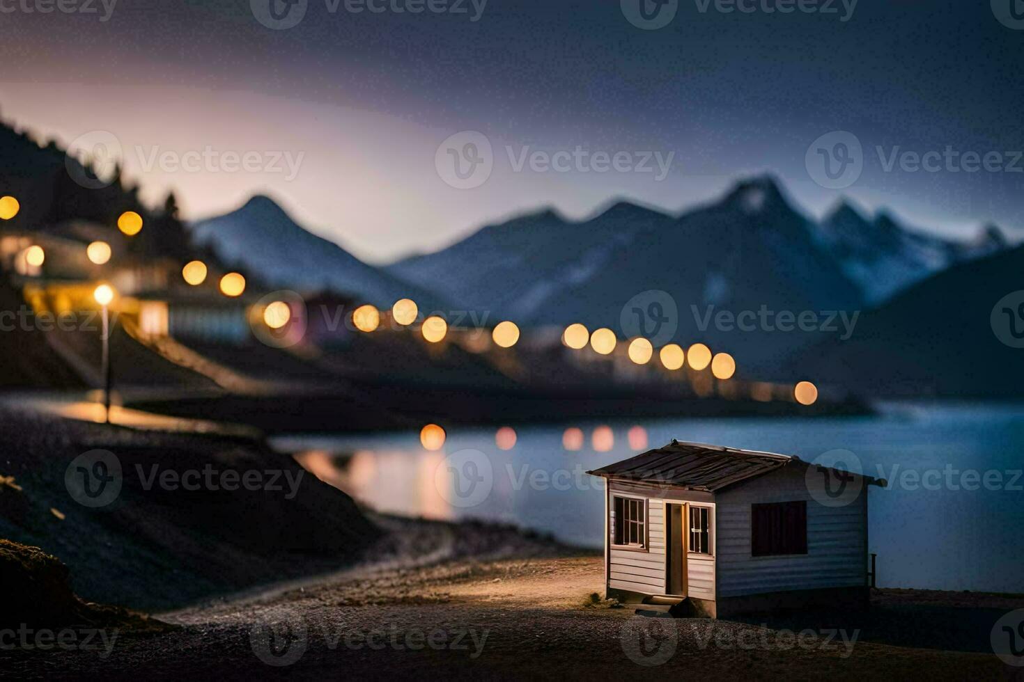 a small house sits on the shore of a lake at night. AI-Generated photo