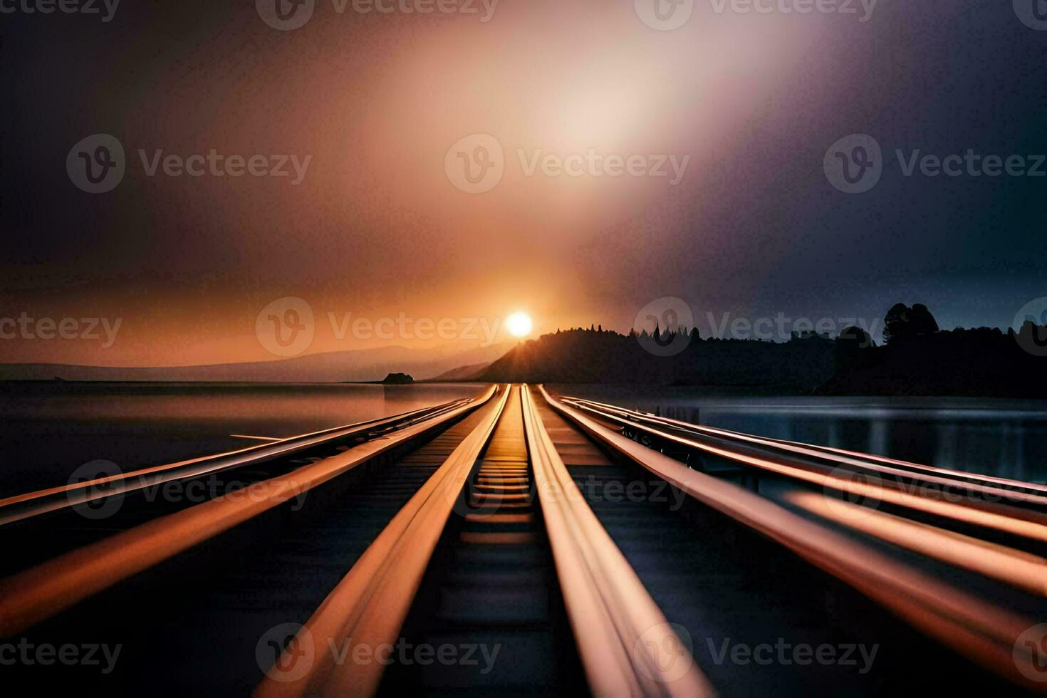 a train track with the sun setting behind it. AI-Generated photo