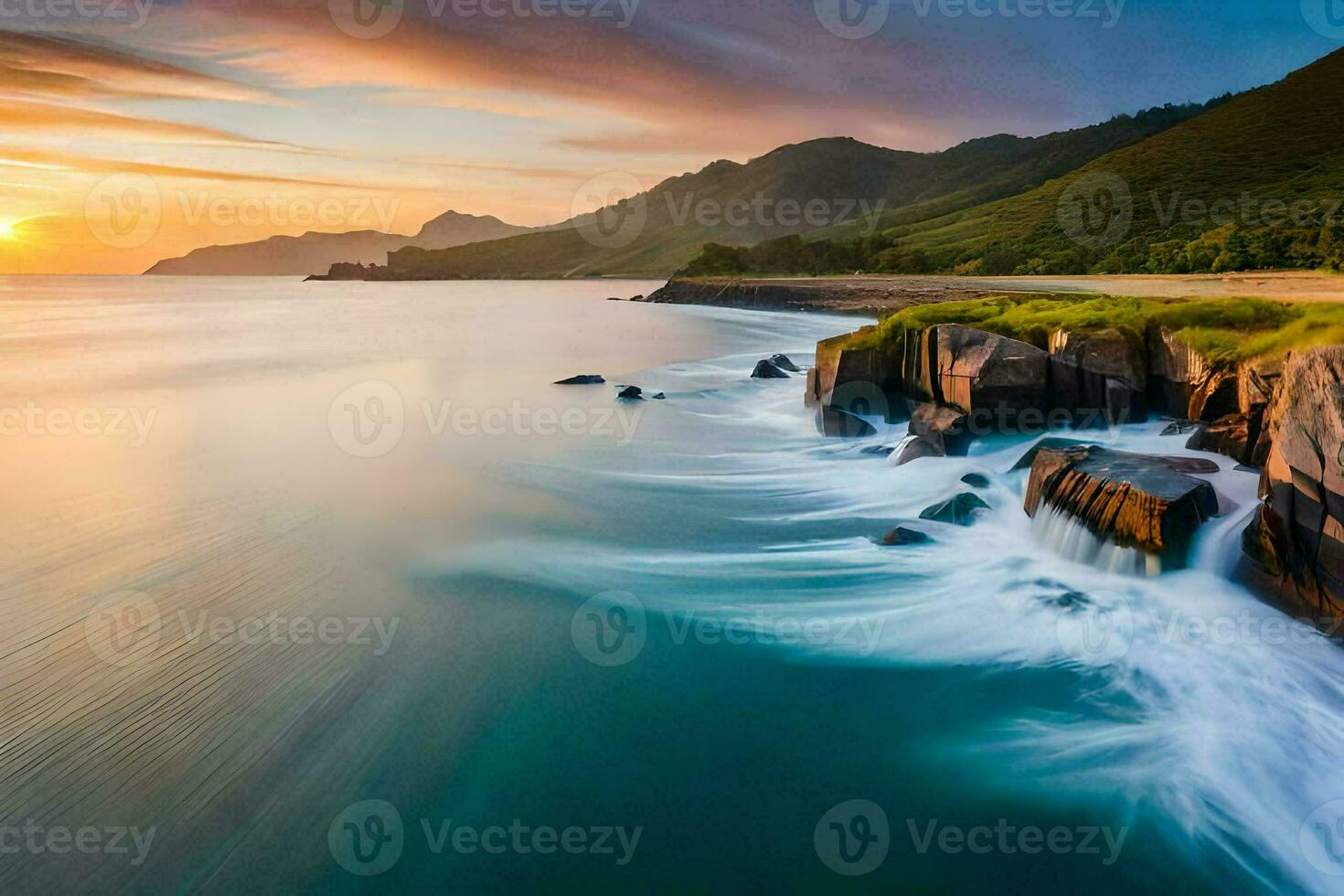 the sun sets over the ocean and rocks. AI-Generated photo
