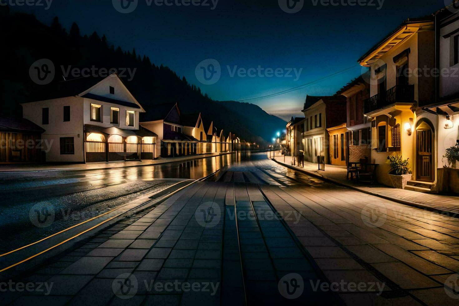 a street at night with lights on the buildings. AI-Generated photo