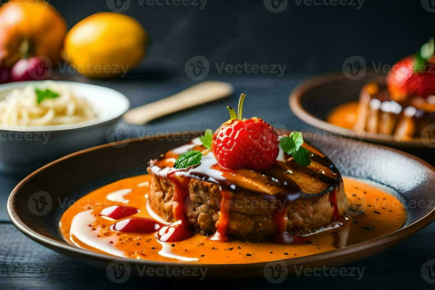 two plates with food on them. AI-Generated photo