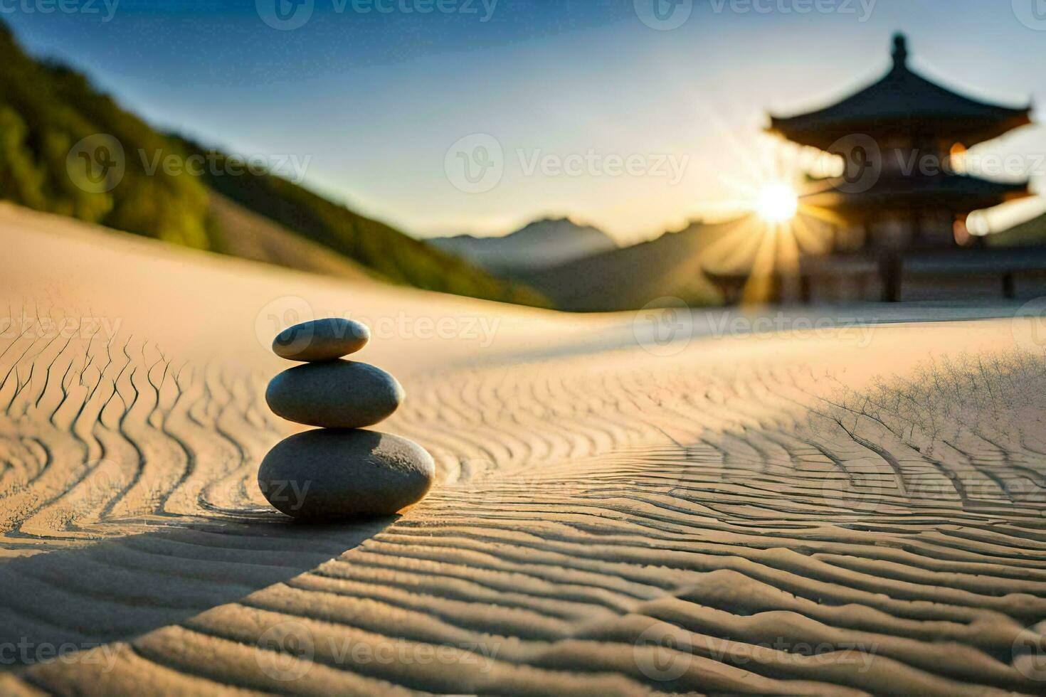 the sun rises over the sand dunes in the background. AI-Generated photo