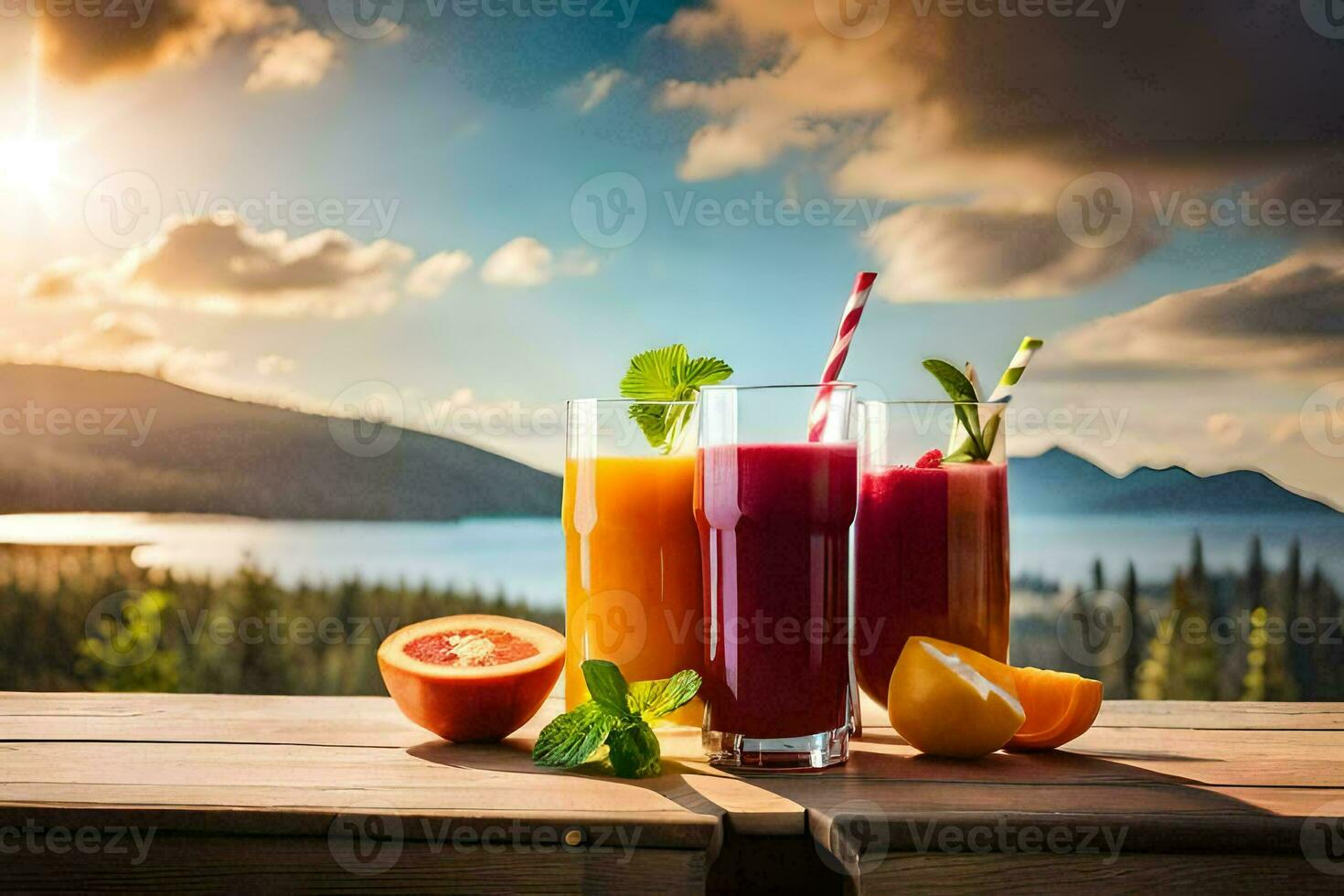 three glasses of juice with fruit and vegetables on a table. AI-Generated photo