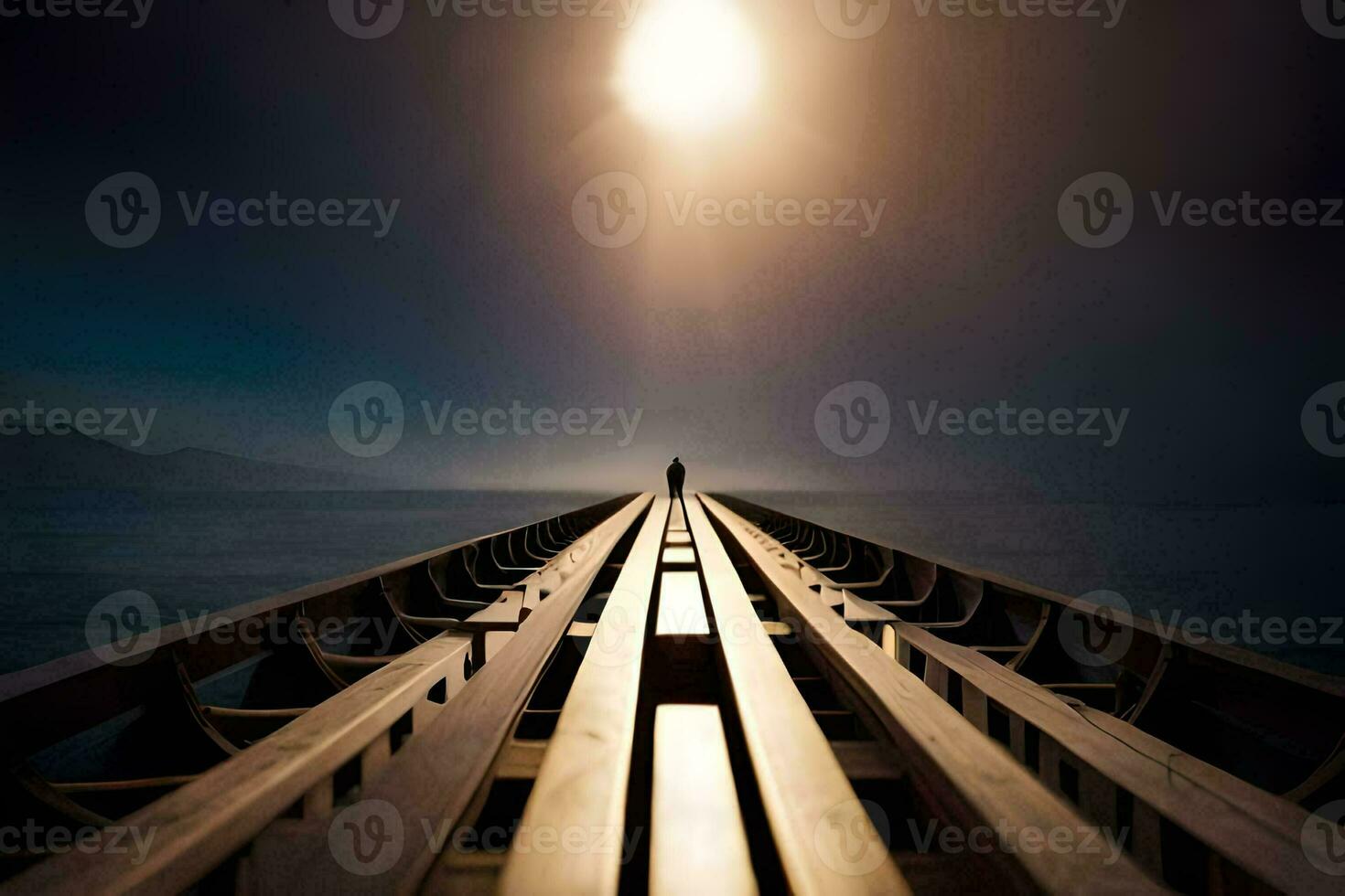 a long wooden pier with a man standing on it. AI-Generated photo