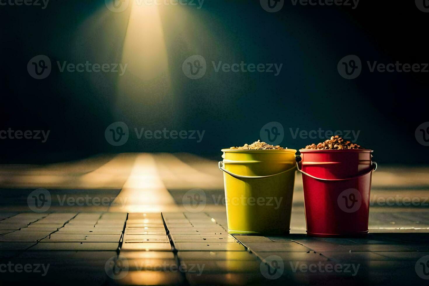two buckets of food sitting on a tiled floor. AI-Generated photo