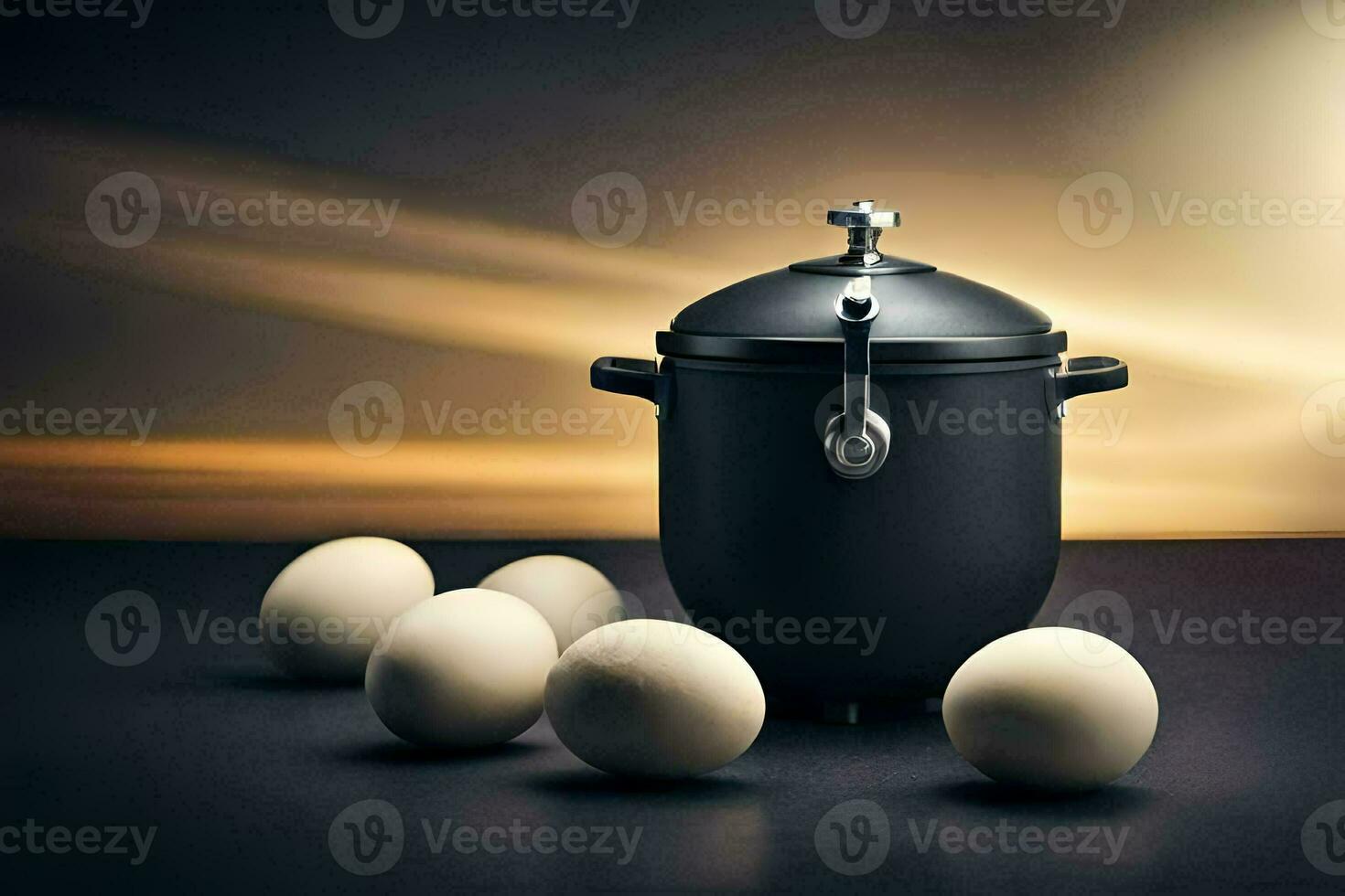 an egg cooker and eggs on a table. AI-Generated photo