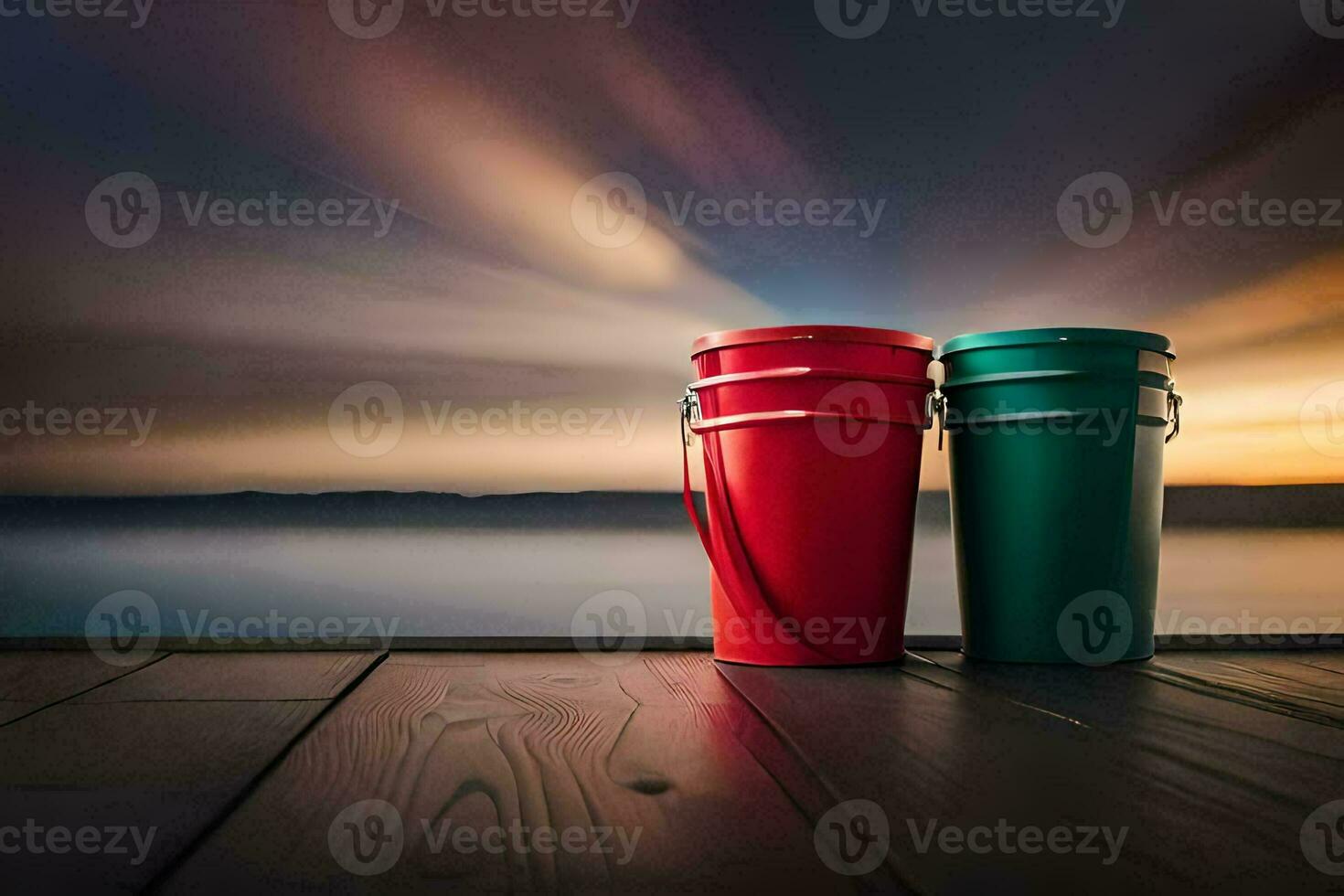 two red and green buckets sitting on a wooden table. AI-Generated photo