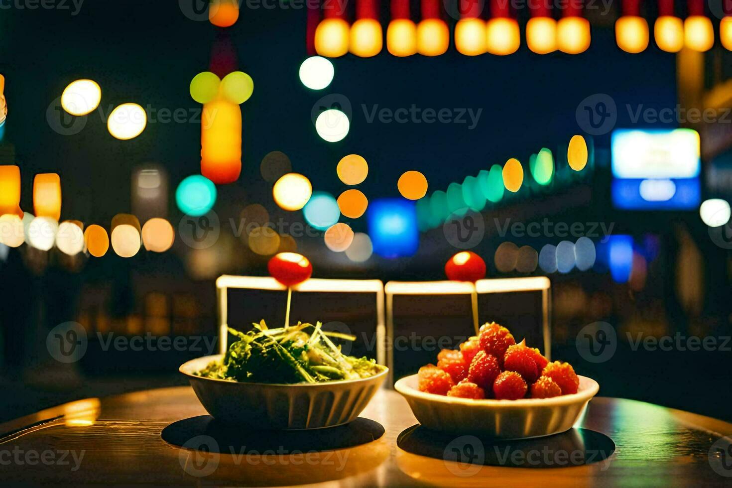 two bowls of food on a table in front of a city street. AI-Generated photo
