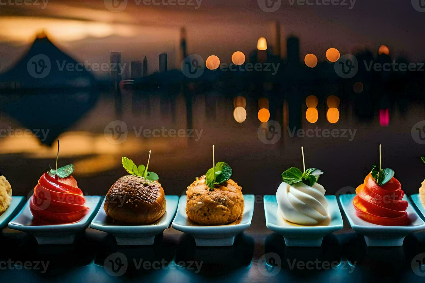 a row of desserts on a table with a city in the background. AI-Generated photo
