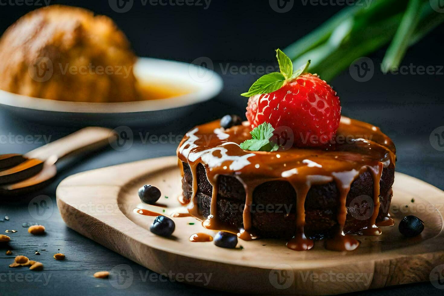 a chocolate cake with strawberries and honey on a wooden plate. AI-Generated photo