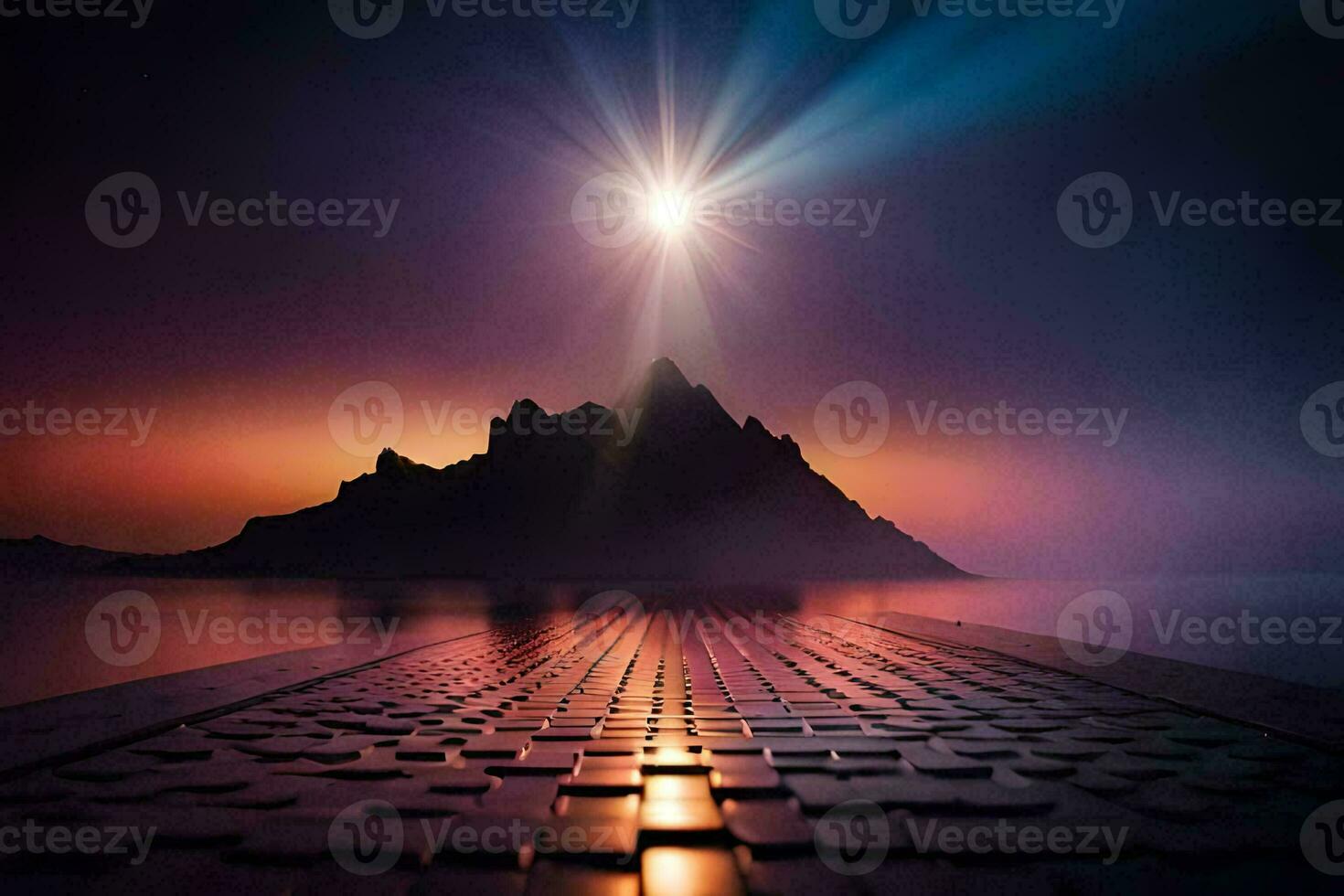 a path leading to a mountain with a bright light shining above it. AI-Generated photo