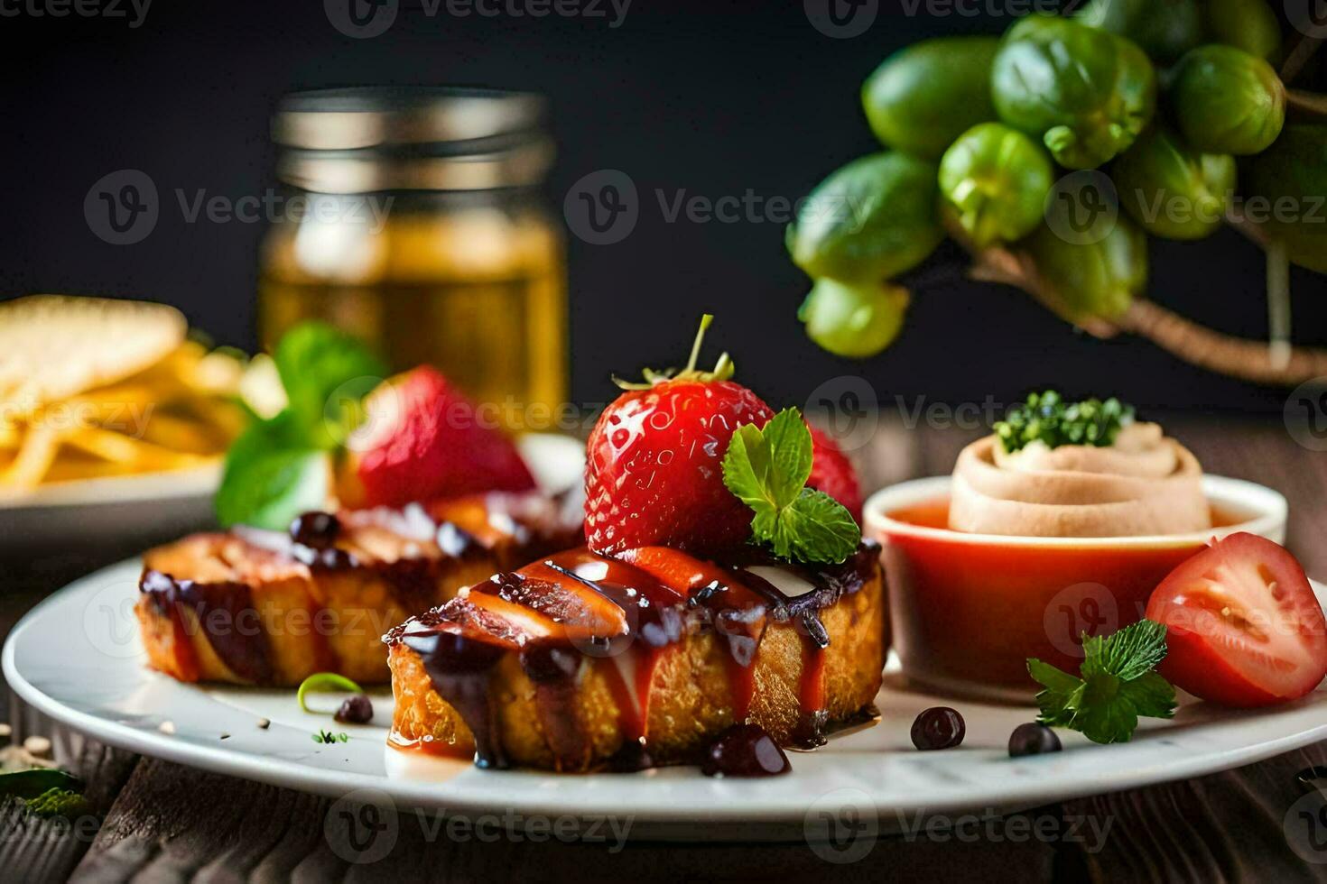 a plate with a grilled steak, strawberries and a dip. AI-Generated photo