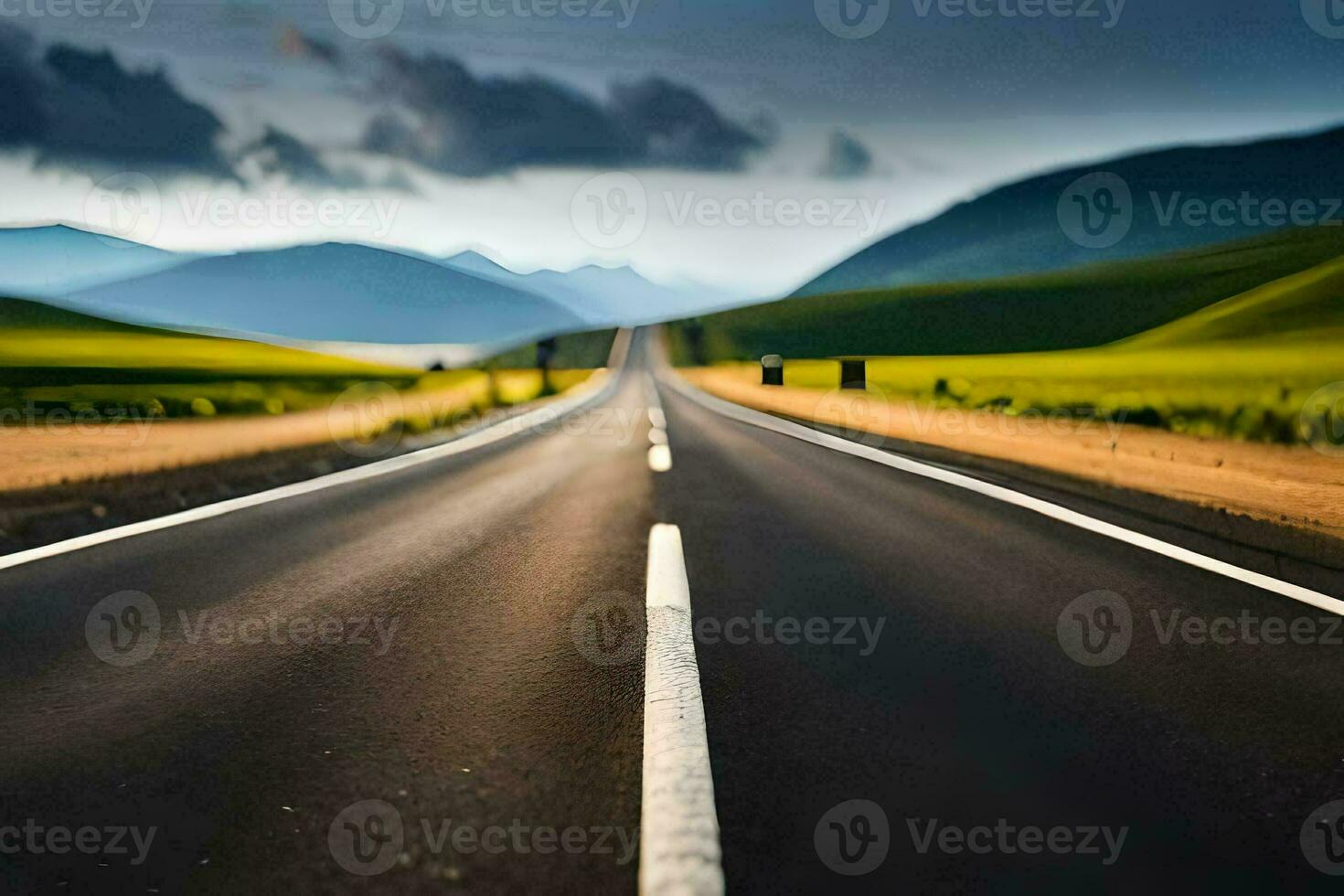 a long empty road in the middle of a field. AI-Generated photo