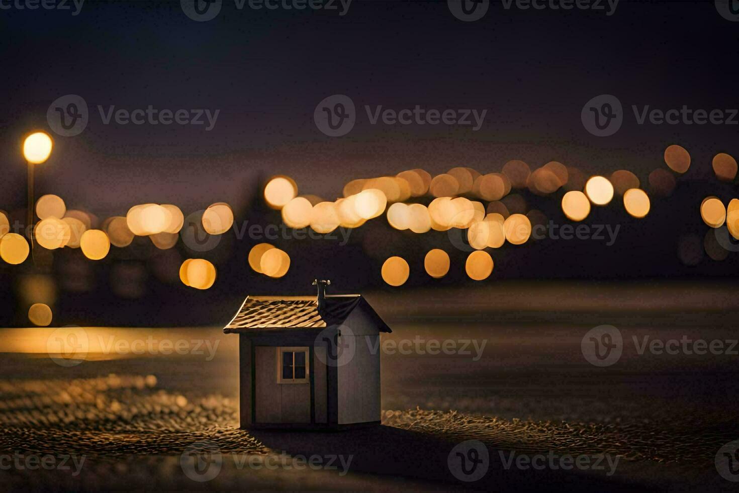 un pequeño casa se sienta en el medio de un oscuro calle. generado por ai foto