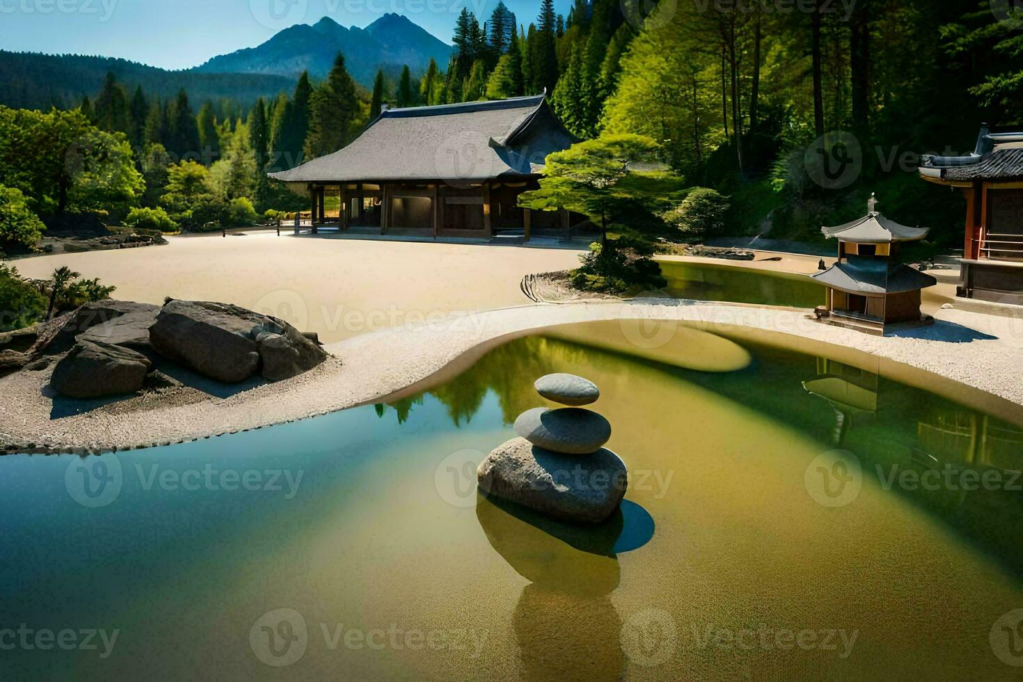 a japanese garden with rocks and water. AI-Generated photo