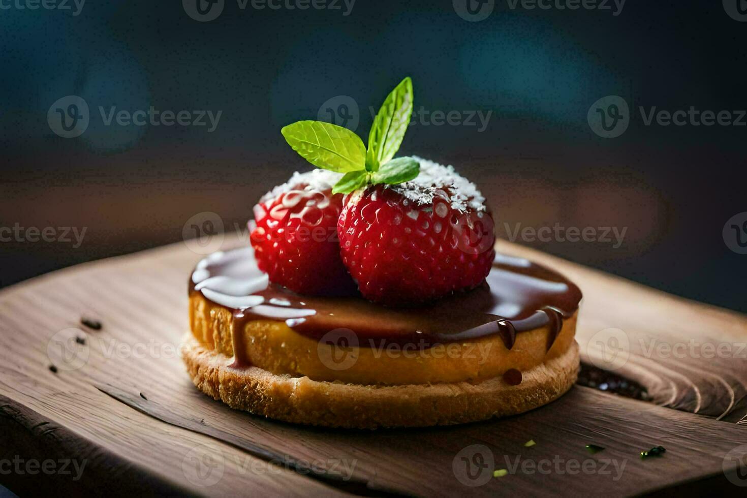 a strawberry and chocolate cake on a wooden board. AI-Generated photo