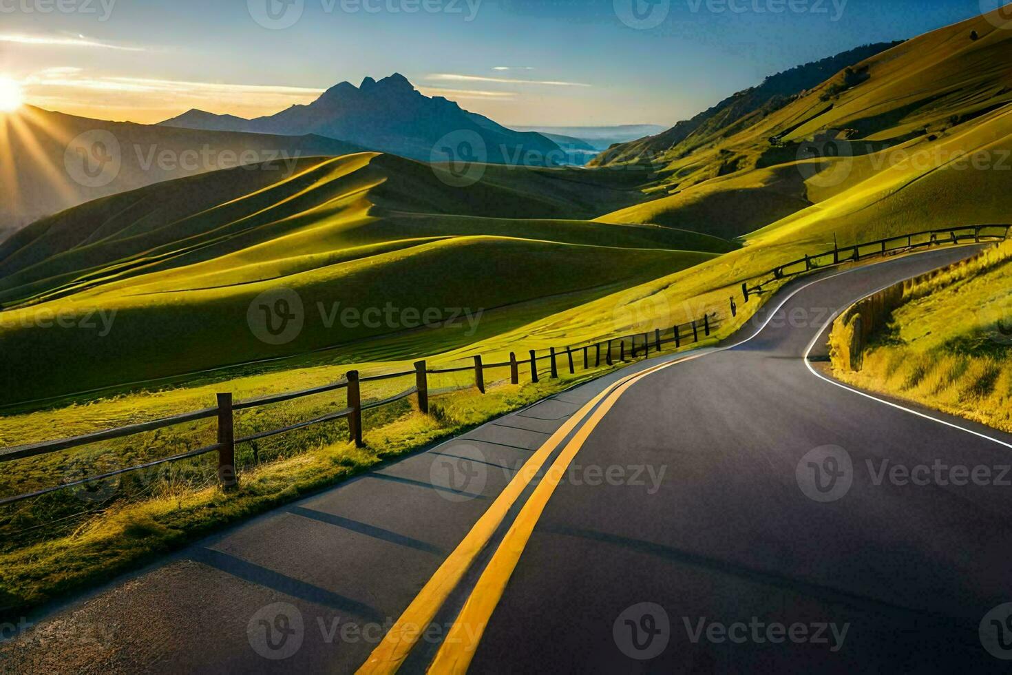 the sun rises over a winding road in the mountains. AI-Generated photo