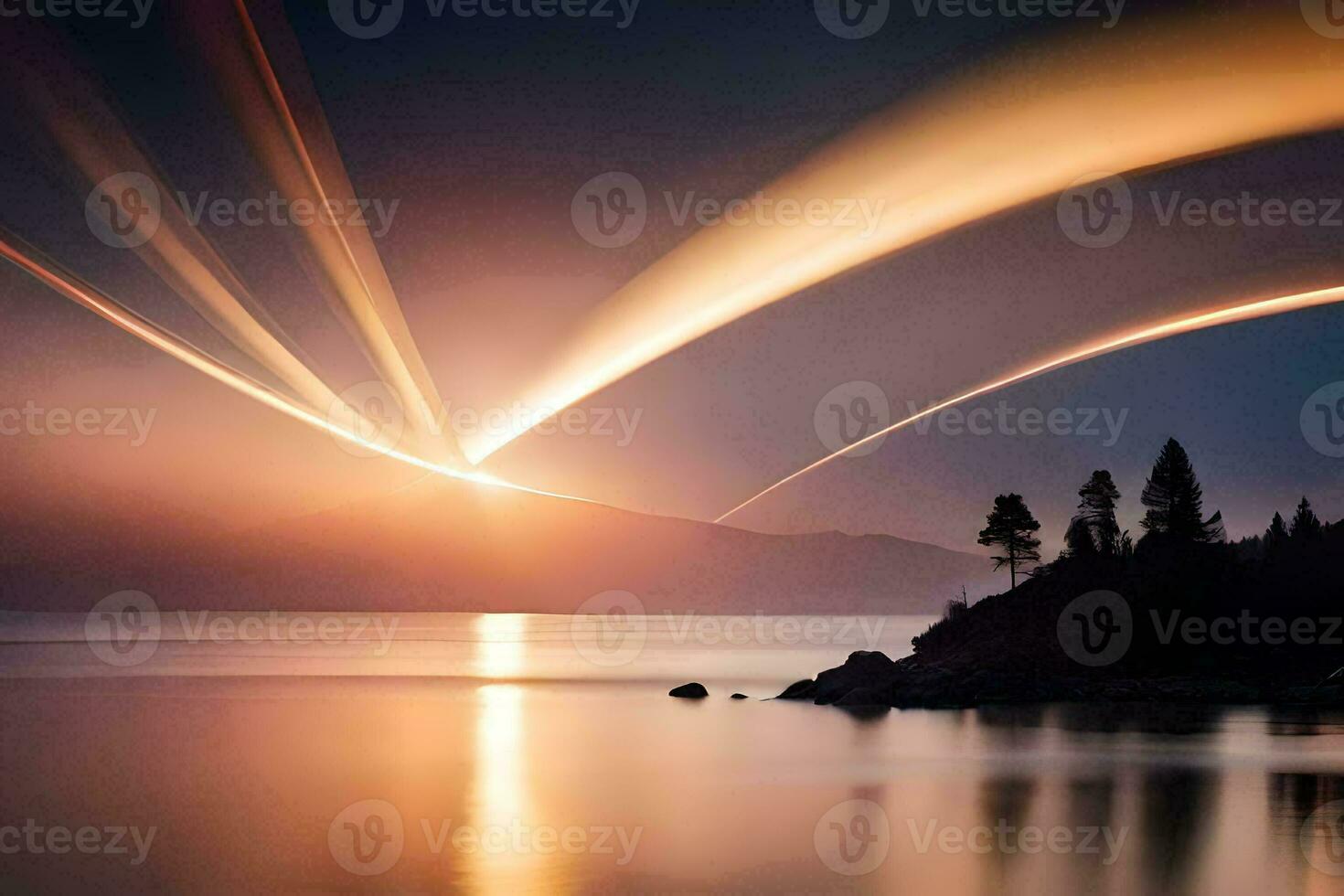 the sun is setting over a lake with a long streak of light. AI-Generated photo