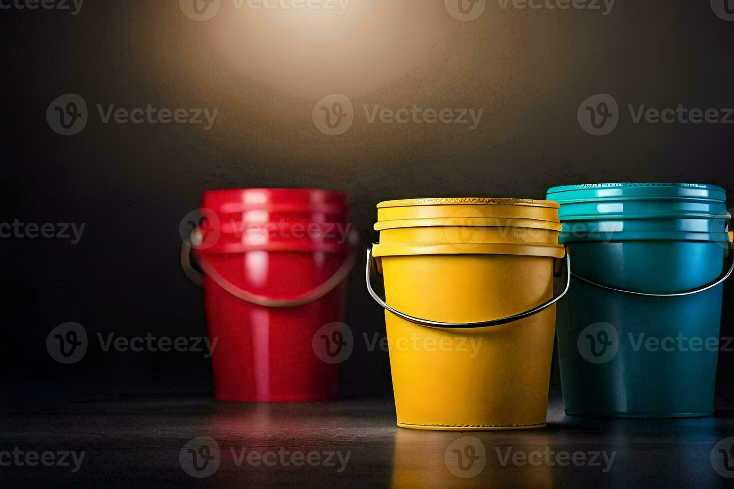 three colorful buckets on a dark background. AI-Generated photo