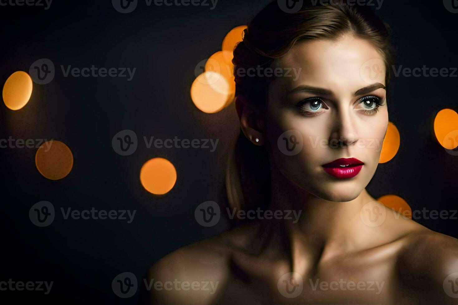 a woman with red lipstick and a bokeh background. AI-Generated photo