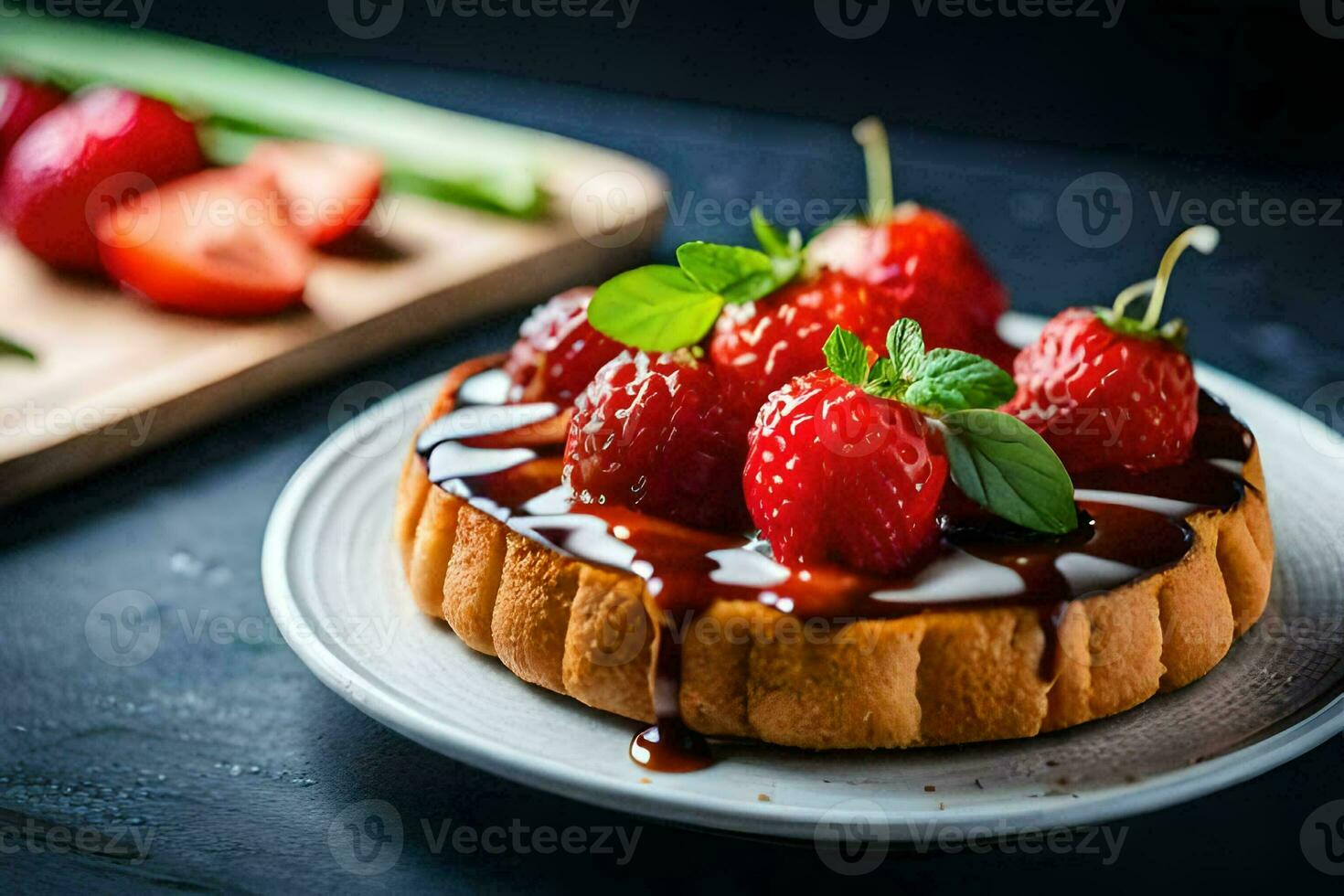 a strawberry cake with chocolate sauce and strawberries. AI-Generated photo