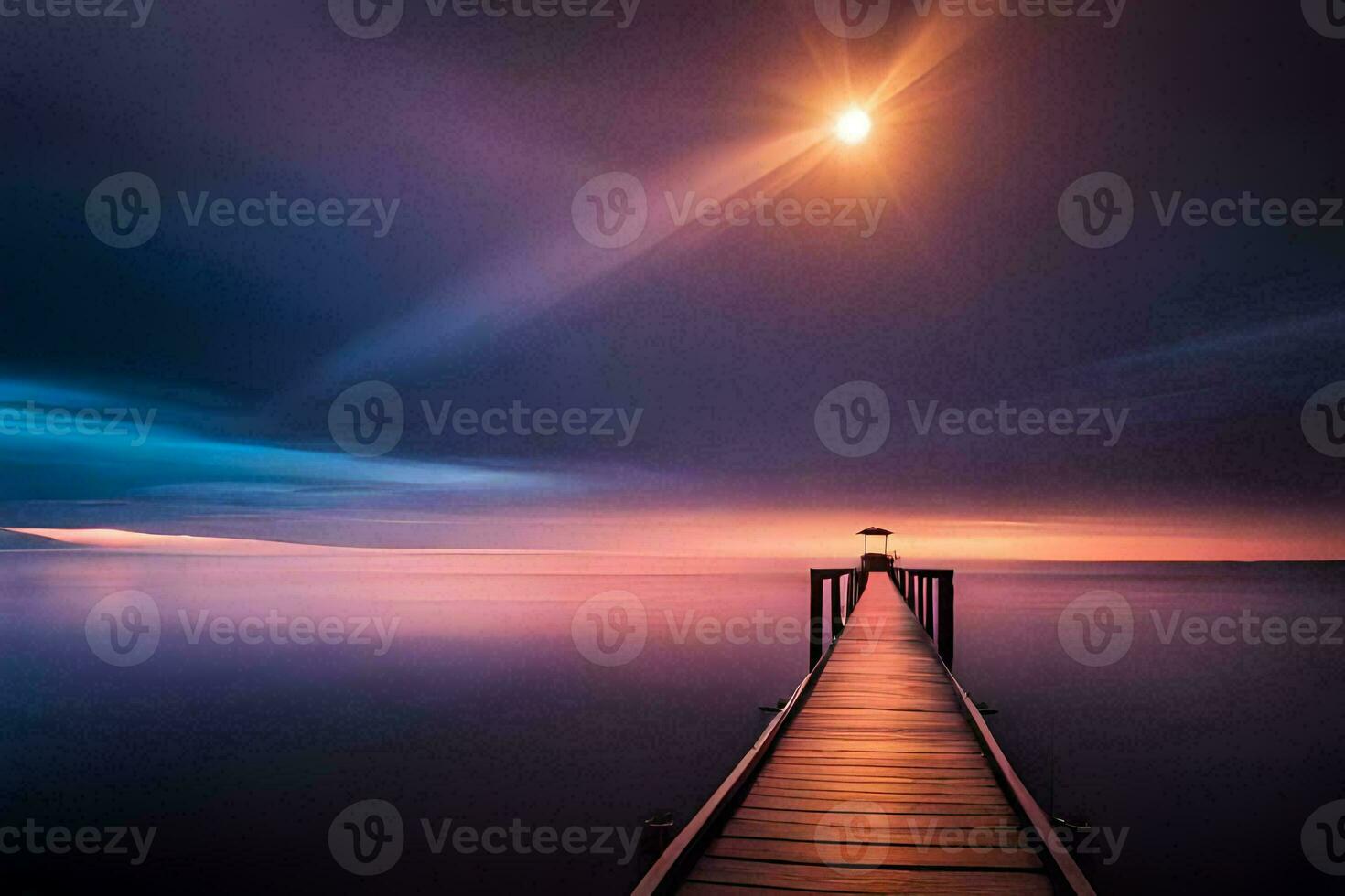 a pier in the ocean at sunset. AI-Generated photo