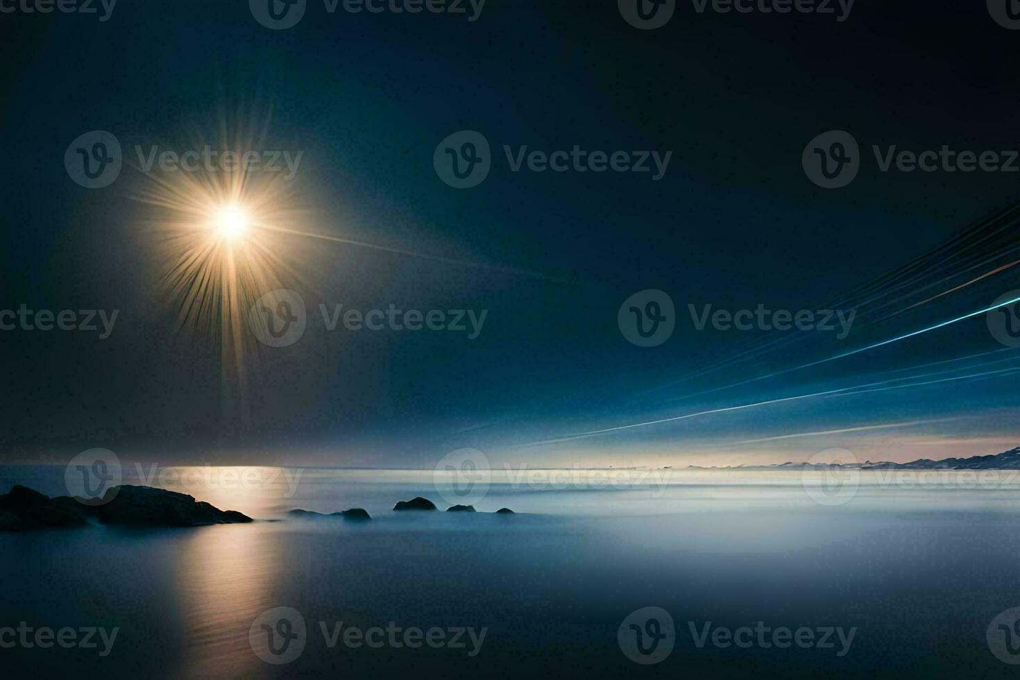 the sun shines over the ocean and rocks. AI-Generated photo