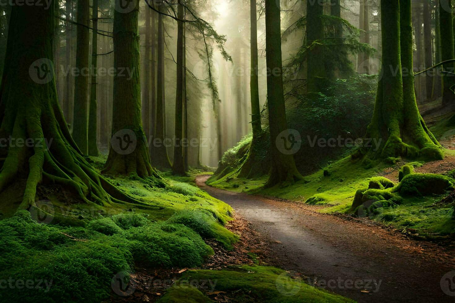 un camino mediante un verde bosque con cubierto de musgo arboles generado por ai foto