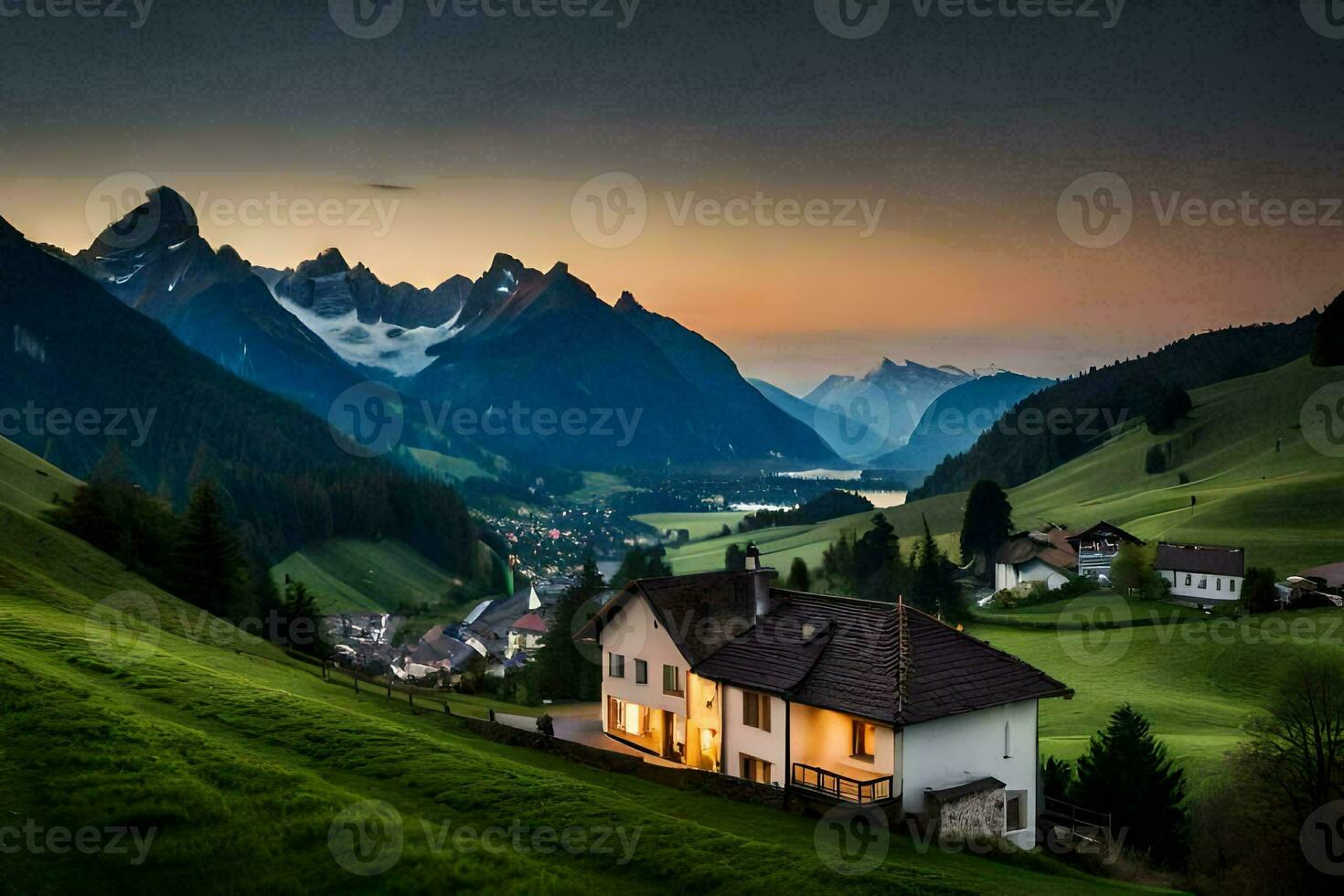 a house in the mountains at sunset. AI-Generated photo