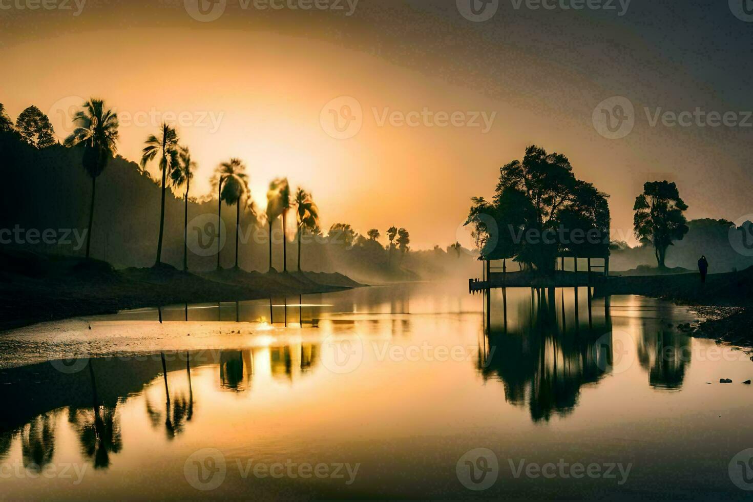 a river at sunrise with palm trees. AI-Generated photo