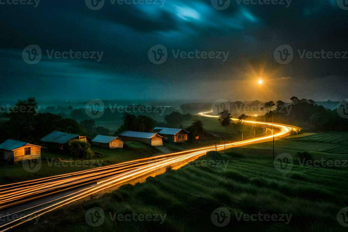 un largo exposición fotografía de un la carretera a noche con ligero caminos. generado por ai foto