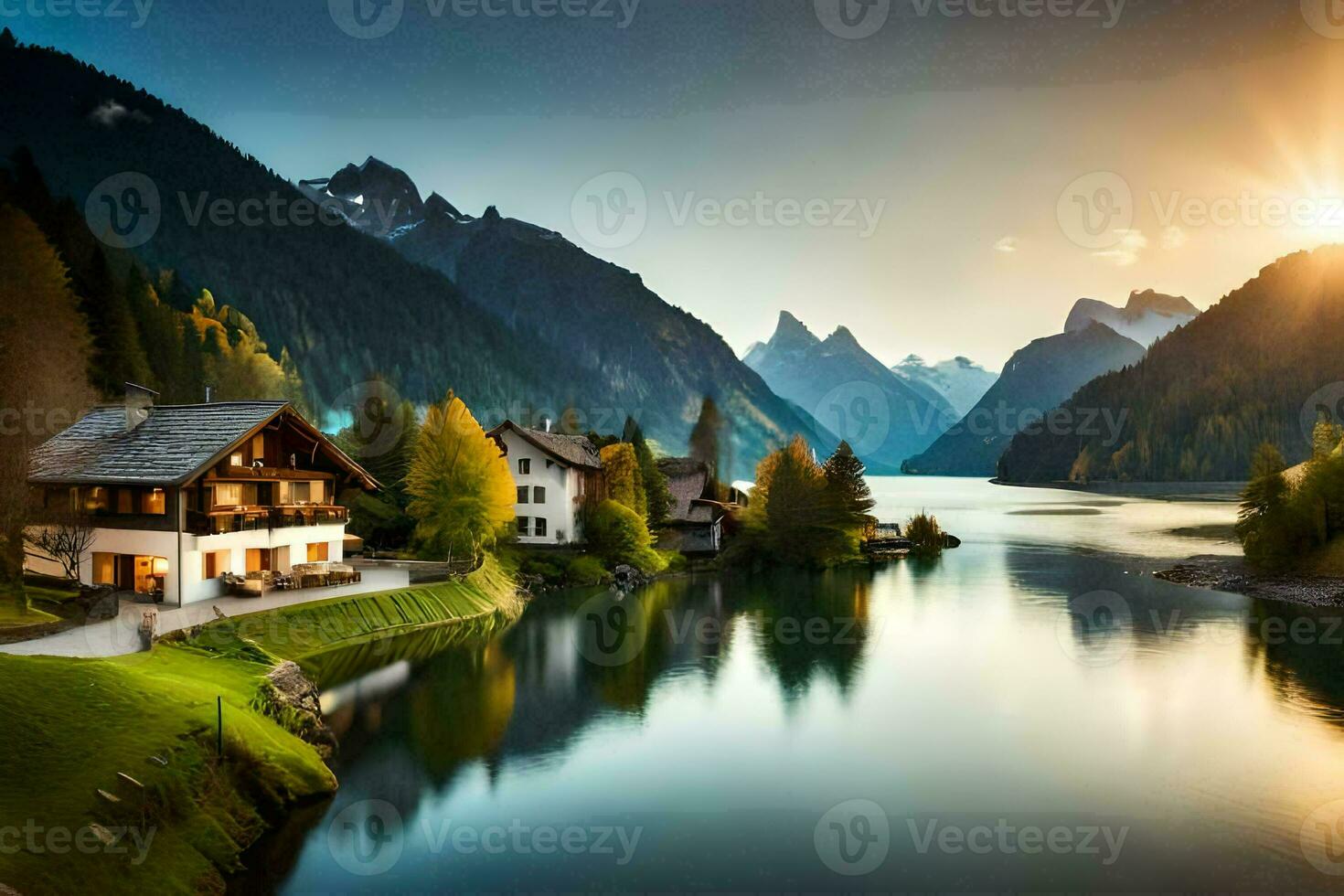 a lake and mountain village at sunset. AI-Generated photo