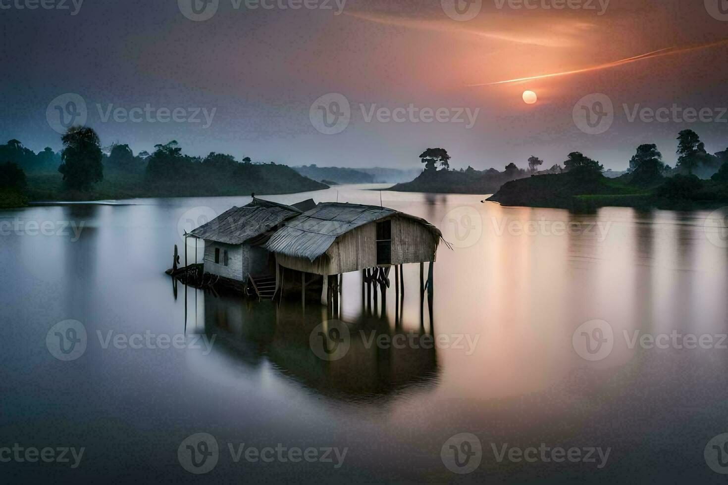 a small hut sits on the shore of a river. AI-Generated photo