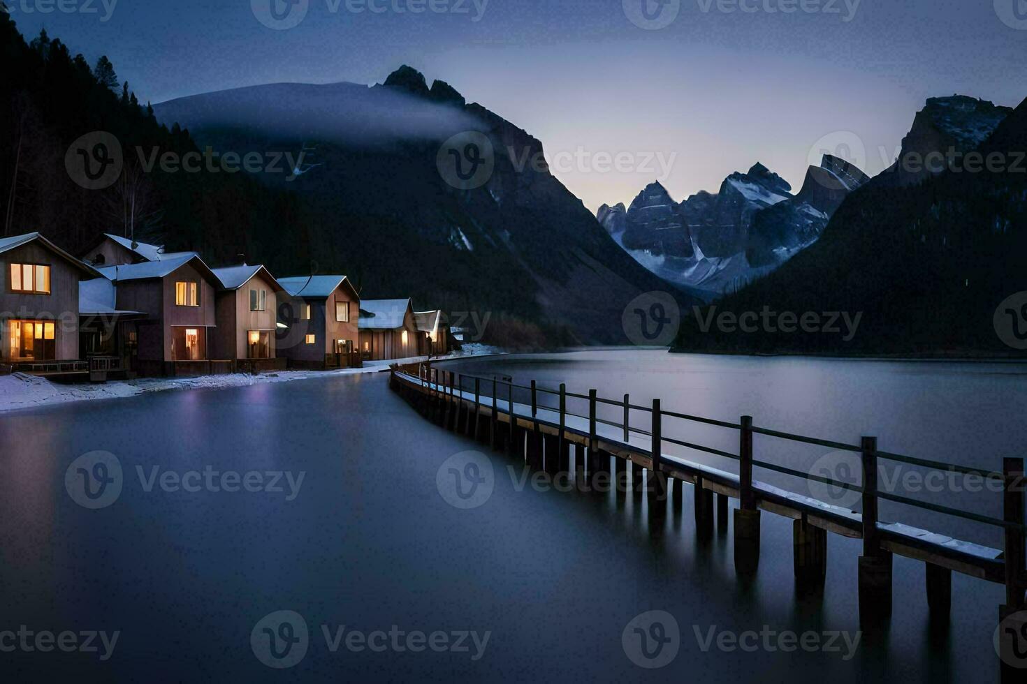 a wooden pier leads to a lake and mountains. AI-Generated photo