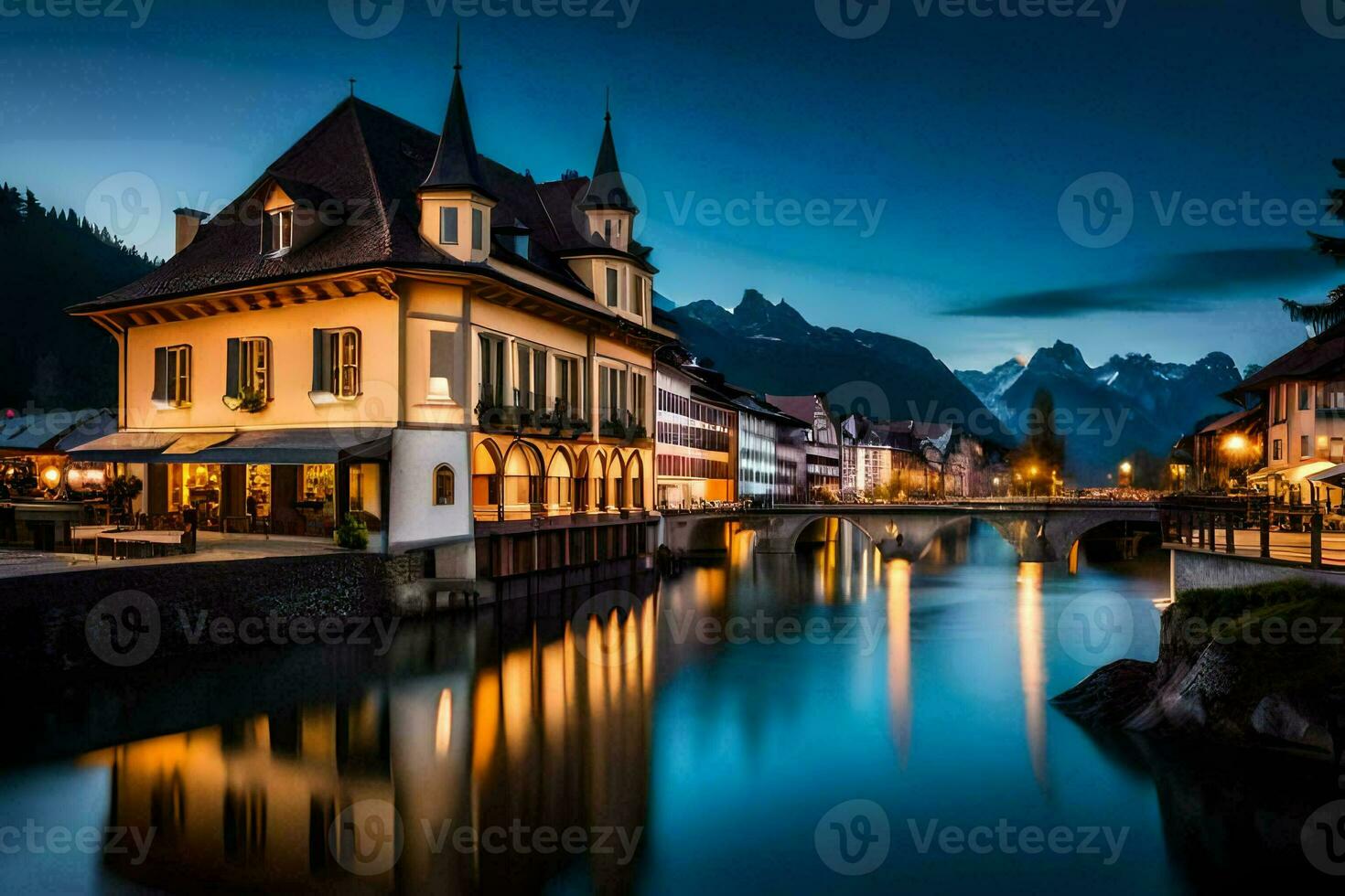 a river and a house in the mountains at night. AI-Generated photo