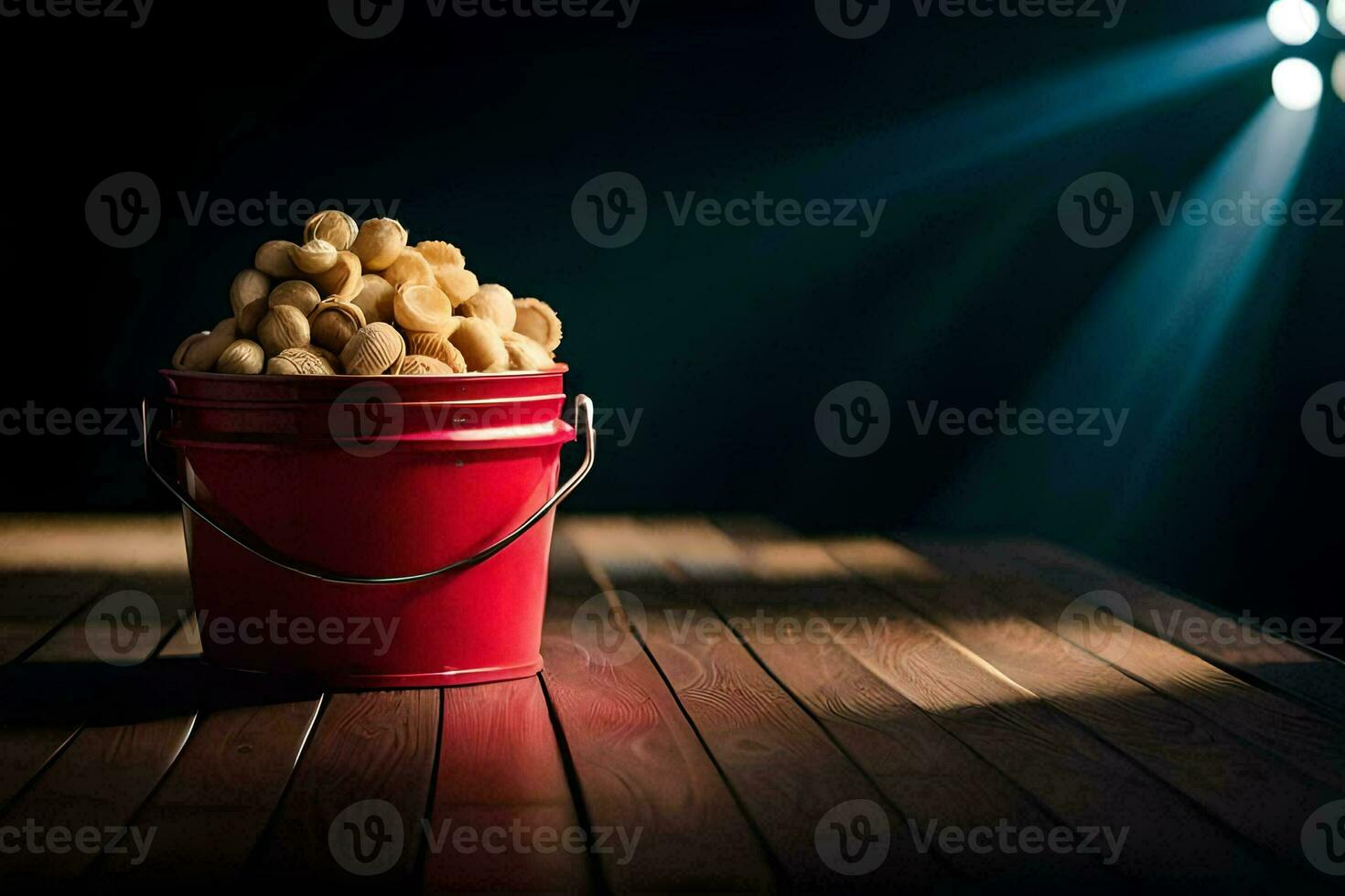 a bucket of peanuts on a wooden table. AI-Generated photo