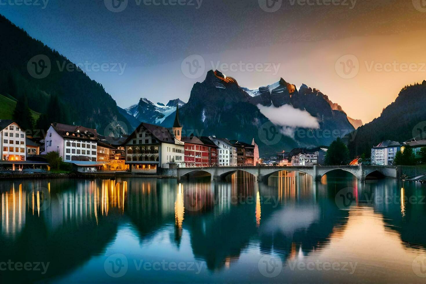 the beautiful town of switzerland at sunset. AI-Generated photo